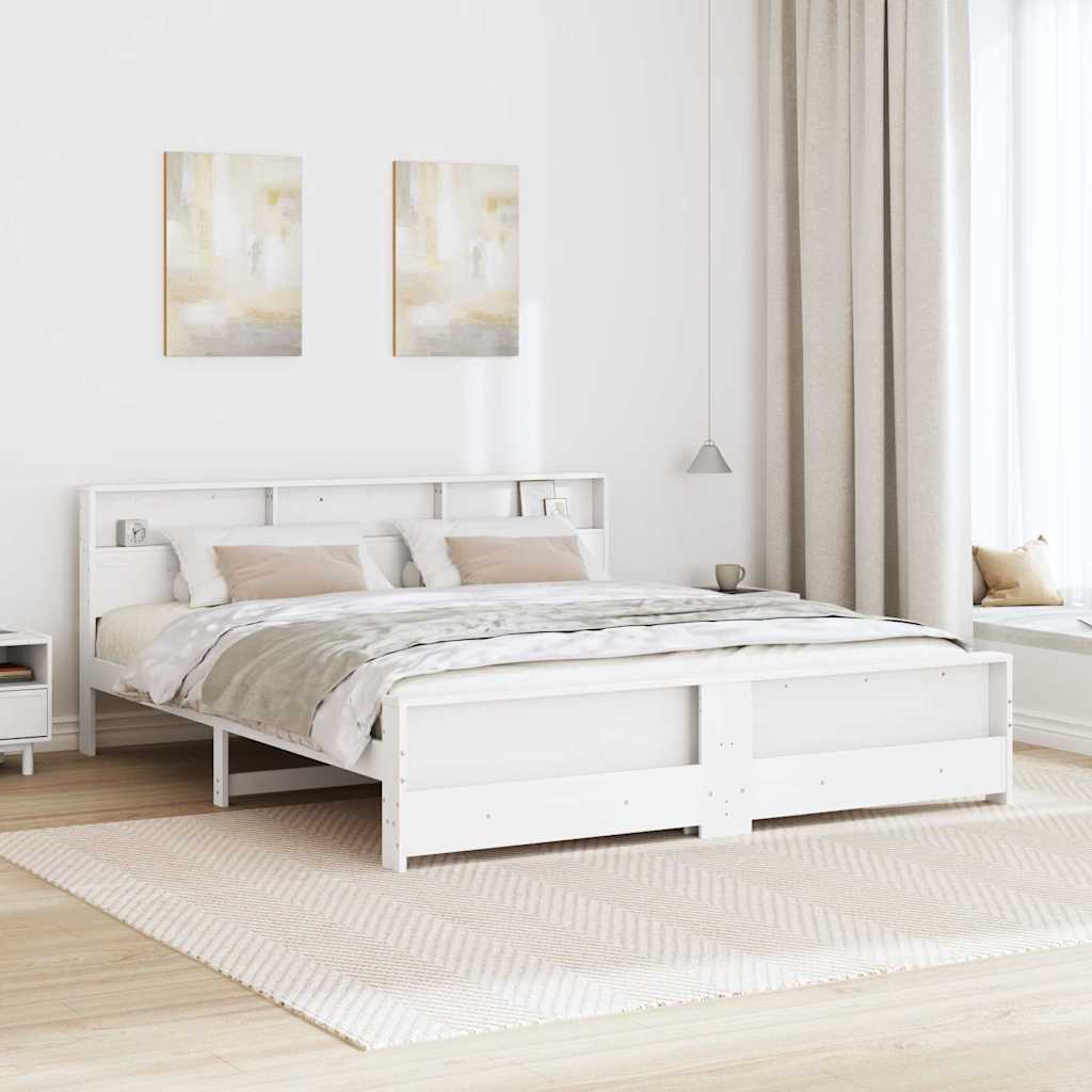 Cadre de lit avec étagère, en pin massif, blanc, pour la chambre, 200 × 200 cm - 3