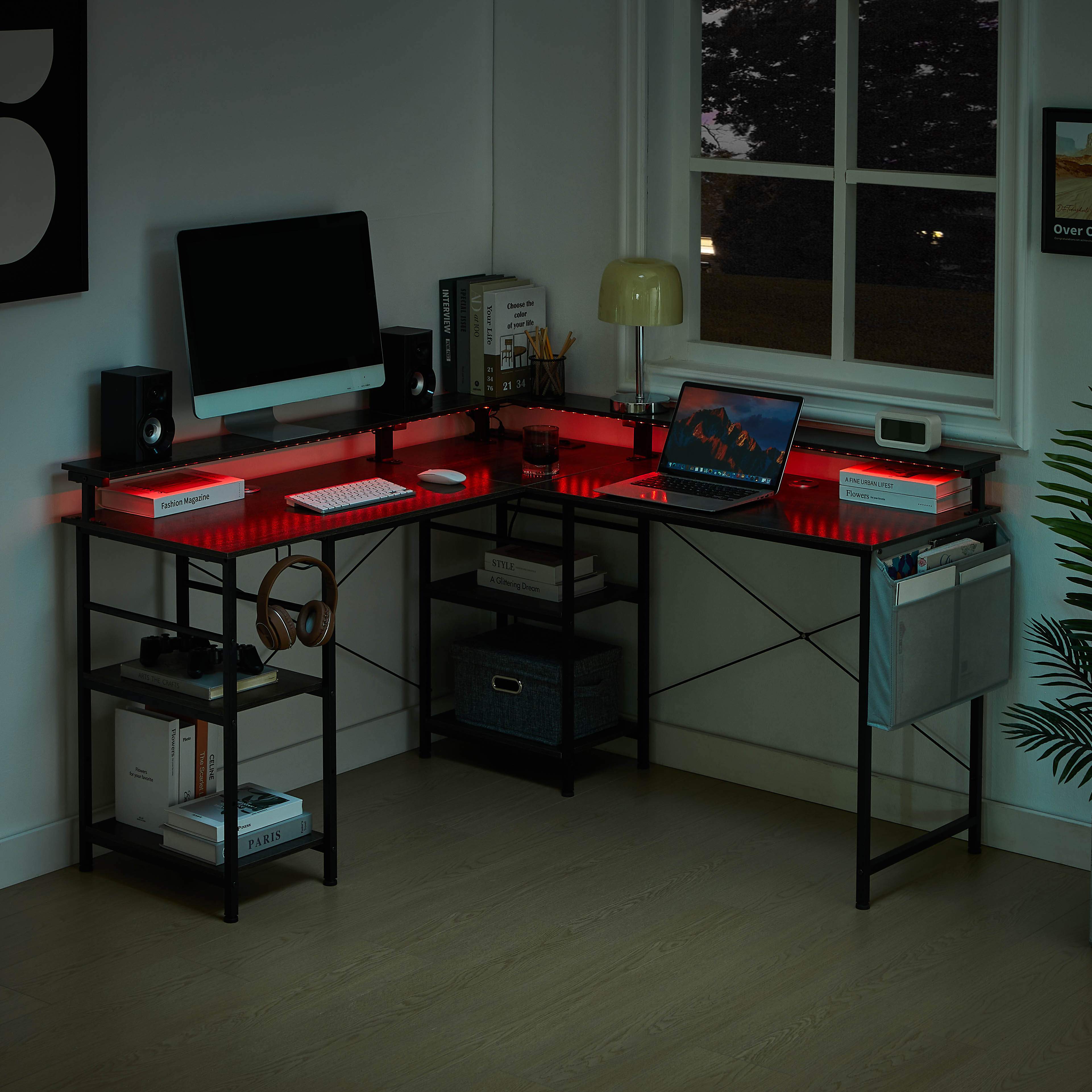 Biurko Gamingowe narożne Tbfit z LED RGB zsynchronizowanym z muzyką, odwracalnym blatem, portami USB i 4 regulowanymi półkami - 9