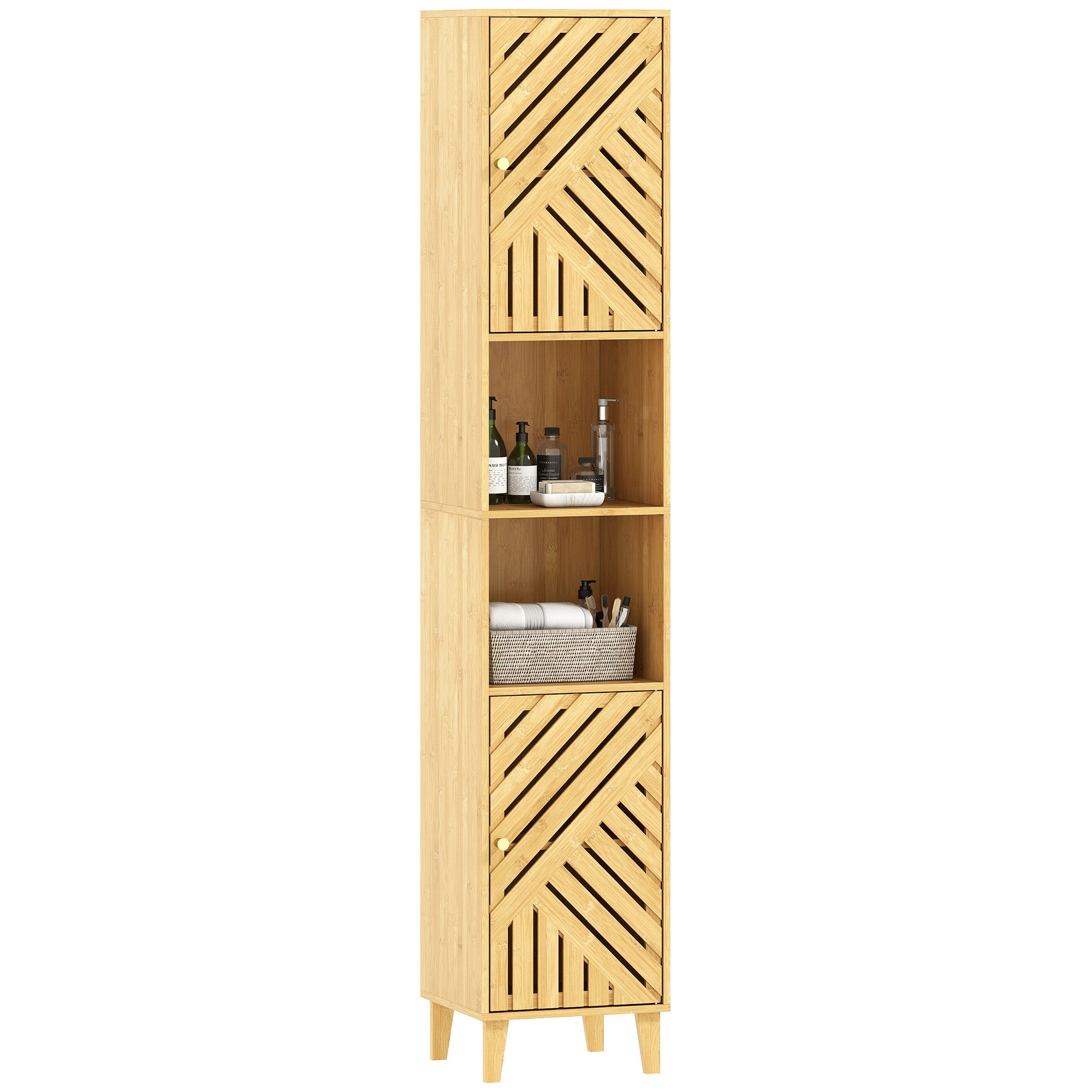 Columna baño estrecha 32x30x170cm bambú madera estantes ajustables