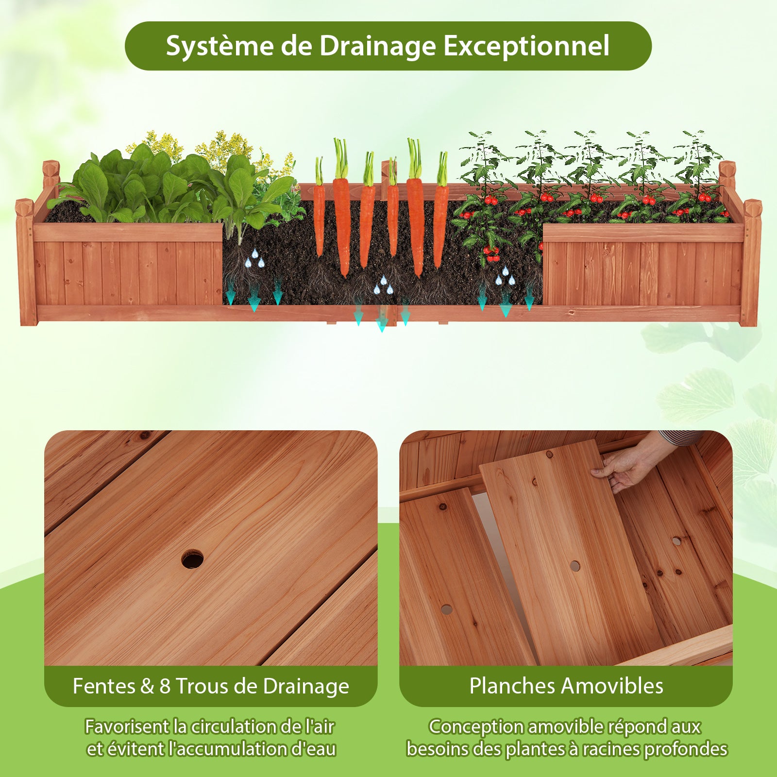 Jardinière Rectangulaire 227 x 59,5 x 40 cm avec Séparateur, Système de Drainage, Doublure, pour Cultiver des Légumes, Fleurs, Marron - 5