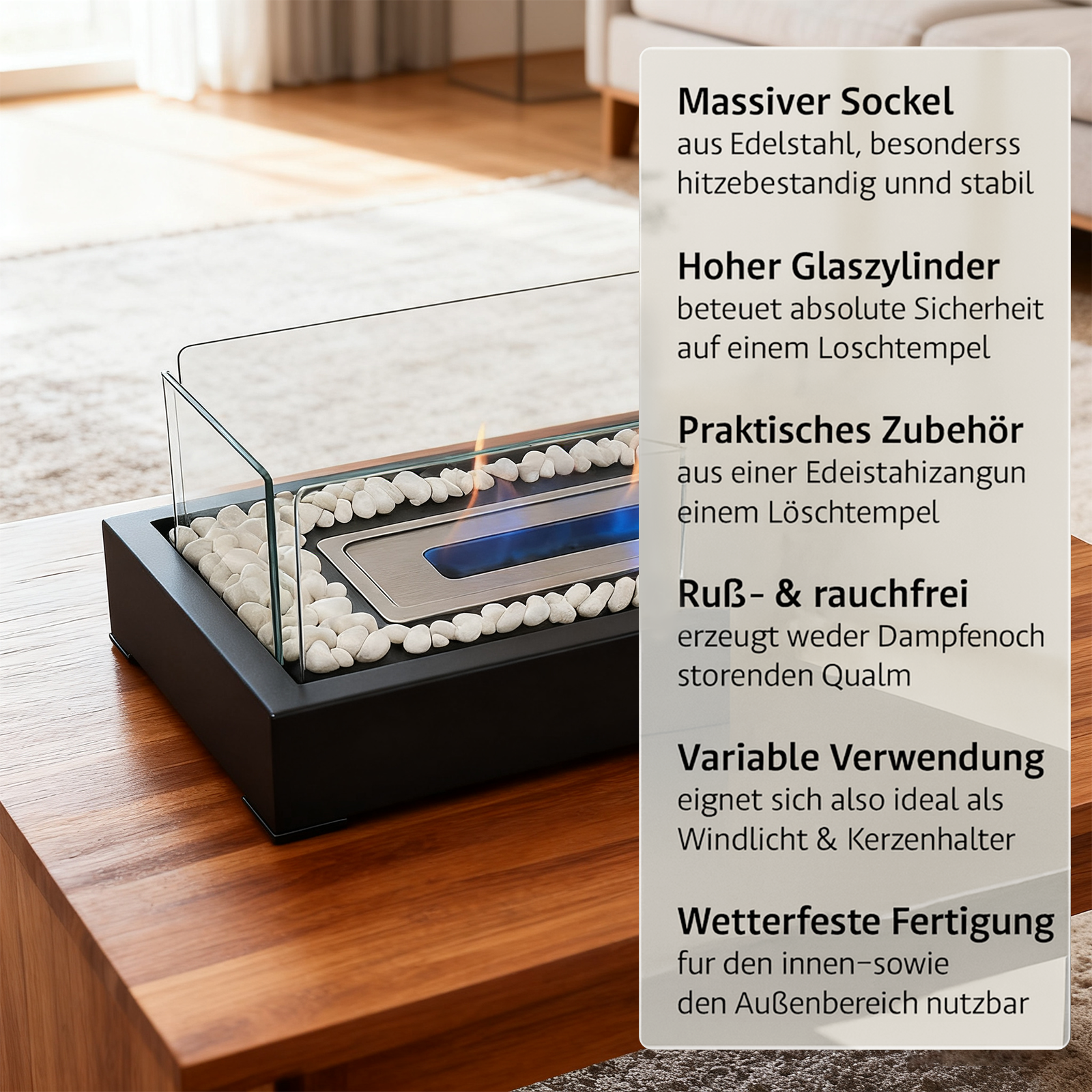 ZMH Chimenea de sobremesa portátil decorativa de bioetanol rectangular negra - 7