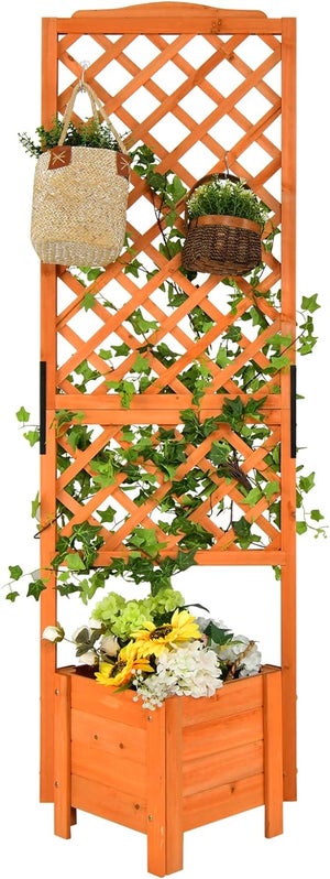 Jardinière Avec Treillis GOPLUS - 110x44x113.5cm - Bois De Sapin Naturel - Pour Plantes Grimpantes Et Fleurs