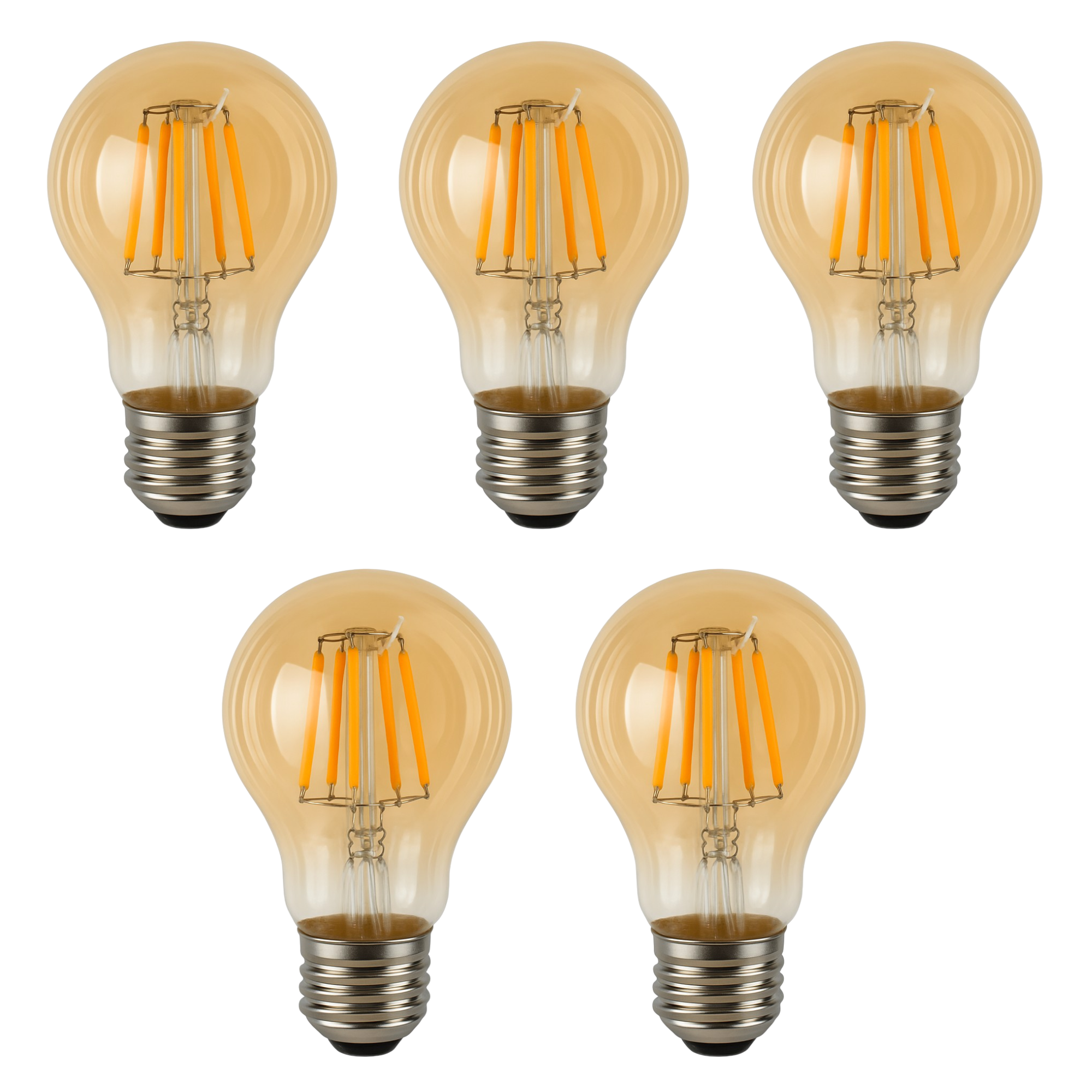 Zestaw 5 sztuk żarówek LED A60 E27 z żarnikiem 6 W 550 lm, wykończenie w stylu vintage w kolorze bursztynowym. Ciepłe światło 2700 K.