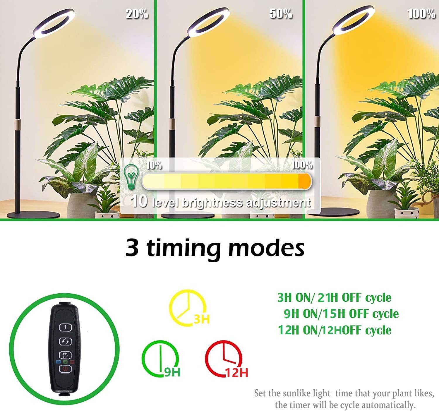 Lampe De Croissance LED Pour Plantes D'intérieur - Spectre Complet - 3 Modes - 10 Niveaux De Luminosité - Minuterie 3/9/12h - Hauteur Réglable