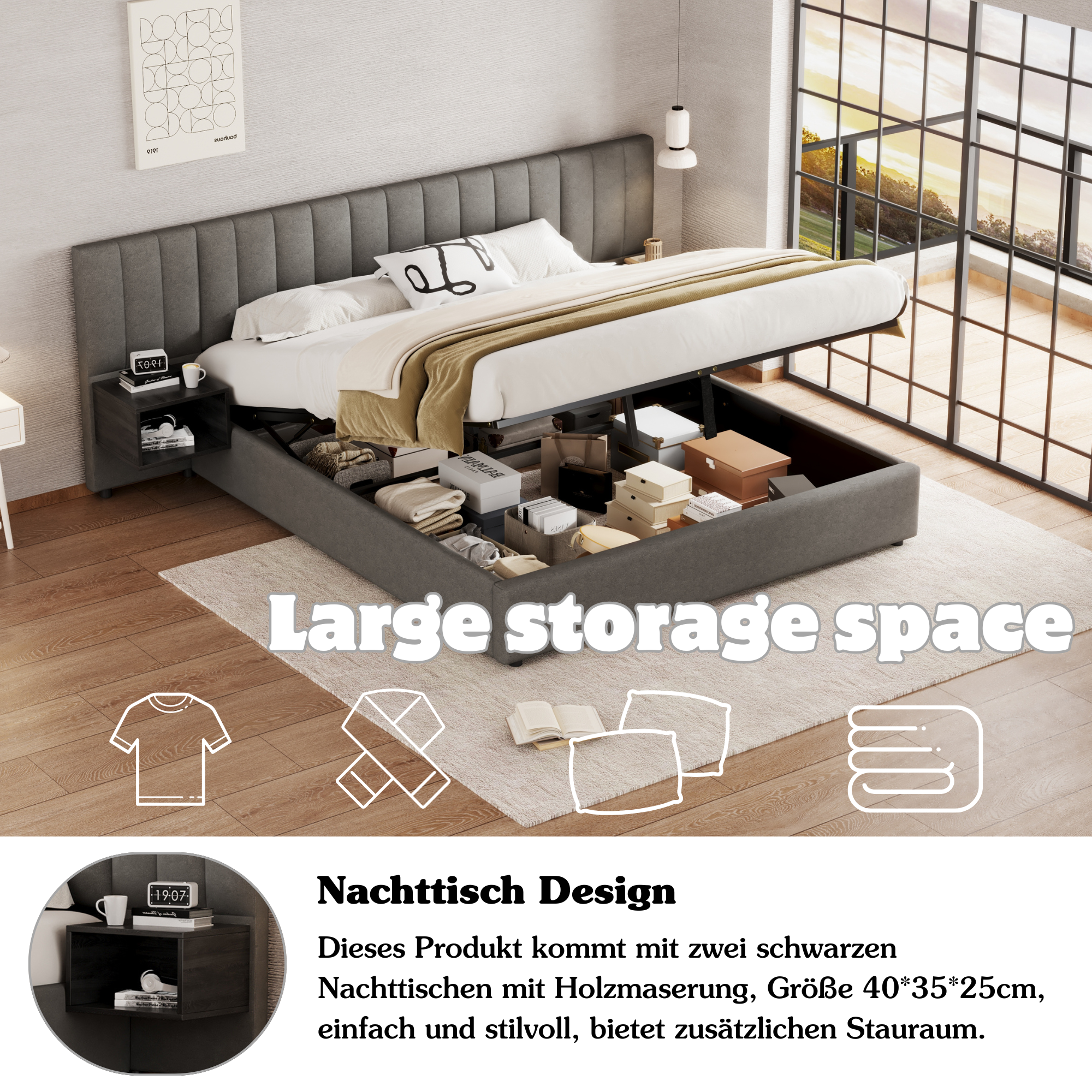 Cama contenedor 180 x 200 cm con cabecero grande y 2 mesitas de noche - Tela de lino - Gris + negro (sin colchón) - 5