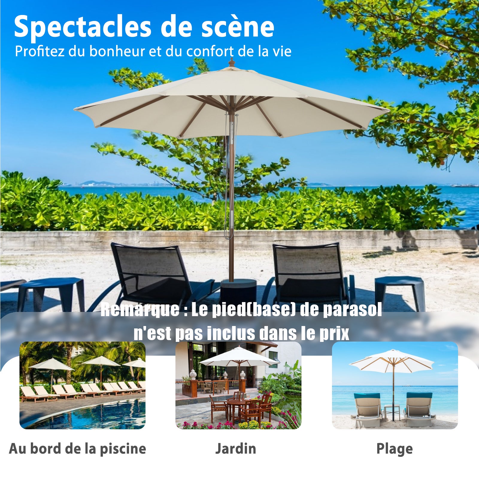 parasol inclinable ø2,7m toile polyester imperméable avec cordon de serrage 8 baleines ventilation pour jardin cour beige - 7
