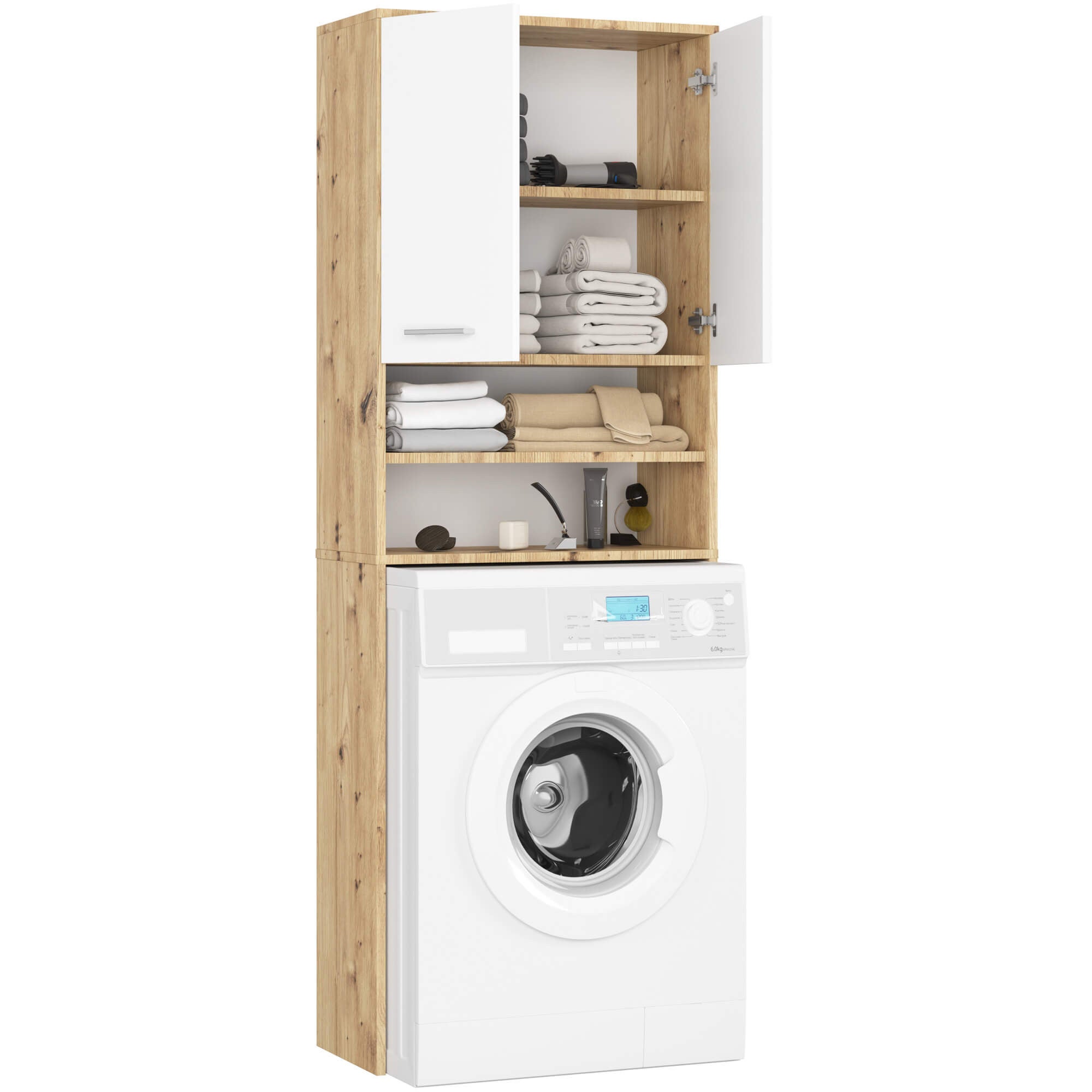 Columna de baño AKORD FIN para integrar lavadora Roble Artisan 64 cm, 2 puertas, inserto frontal Blanco, 64 × 30 × 180 cm - 2