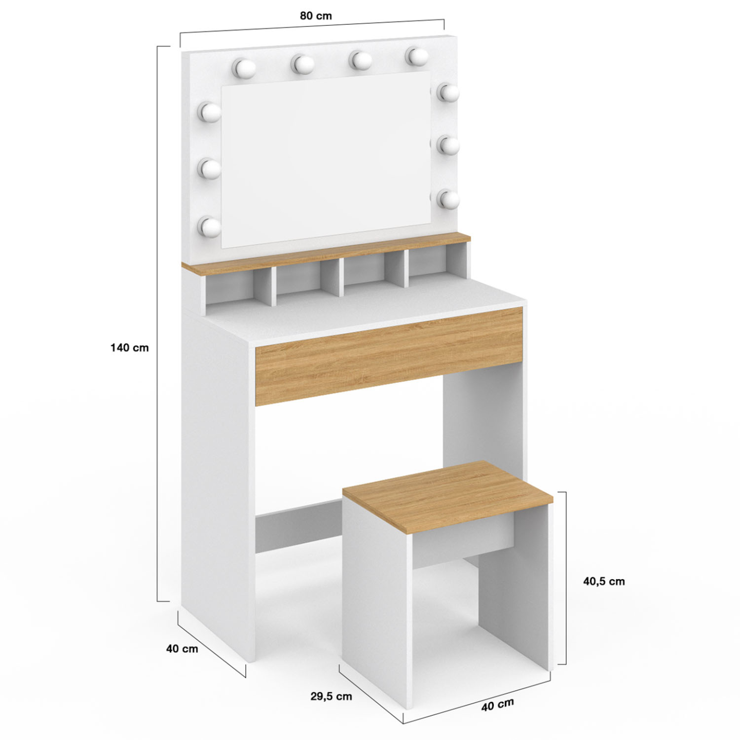 Coiffeuse ZELIA blanc et hêtre miroir LED avec 4 niches, 1 tiroir et tabouret - 4