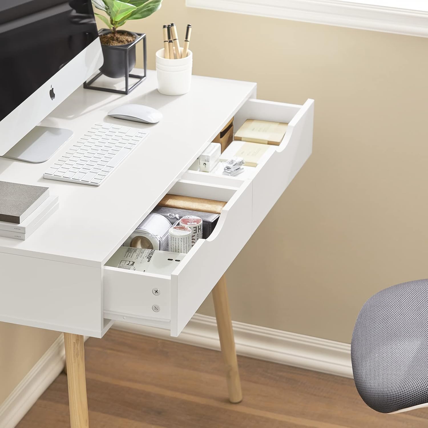 SoBuy FWT40-WN Table de Bureau Informatique Secrétaire Table Plan de travail avec 2 tiroirs, Blanc-Naturel - 4