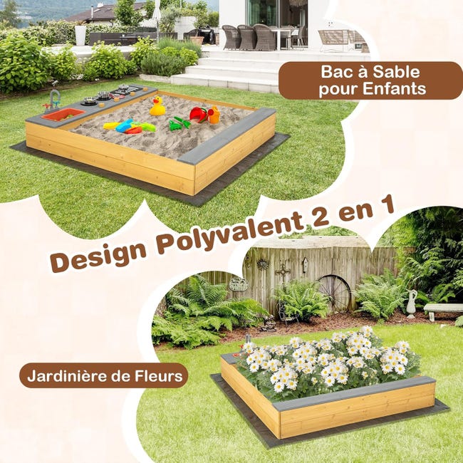 COSTWAY Bac à Sable 3 en 1 avec Fonction de Cuisine Enfants et Jardinière de Fleur, Doublure Inférieure & Banc pour 3-8 Ans - Jardin COSTWAY Bac à Sable 3 en 1 avec Fonction de Cuisine Enfants et Jardinière de Fleur, Doublure Inférieure & Banc pour 3-8 Ans - Jardin