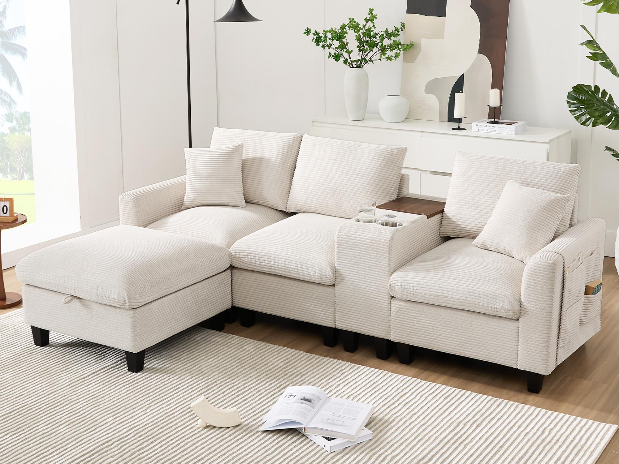 Nowoczesna sofa - z konsolą - 2 uchwyty na kubki - port ładowania USB - kieszenie na podłokietnikach - z poduszkami - beżowa