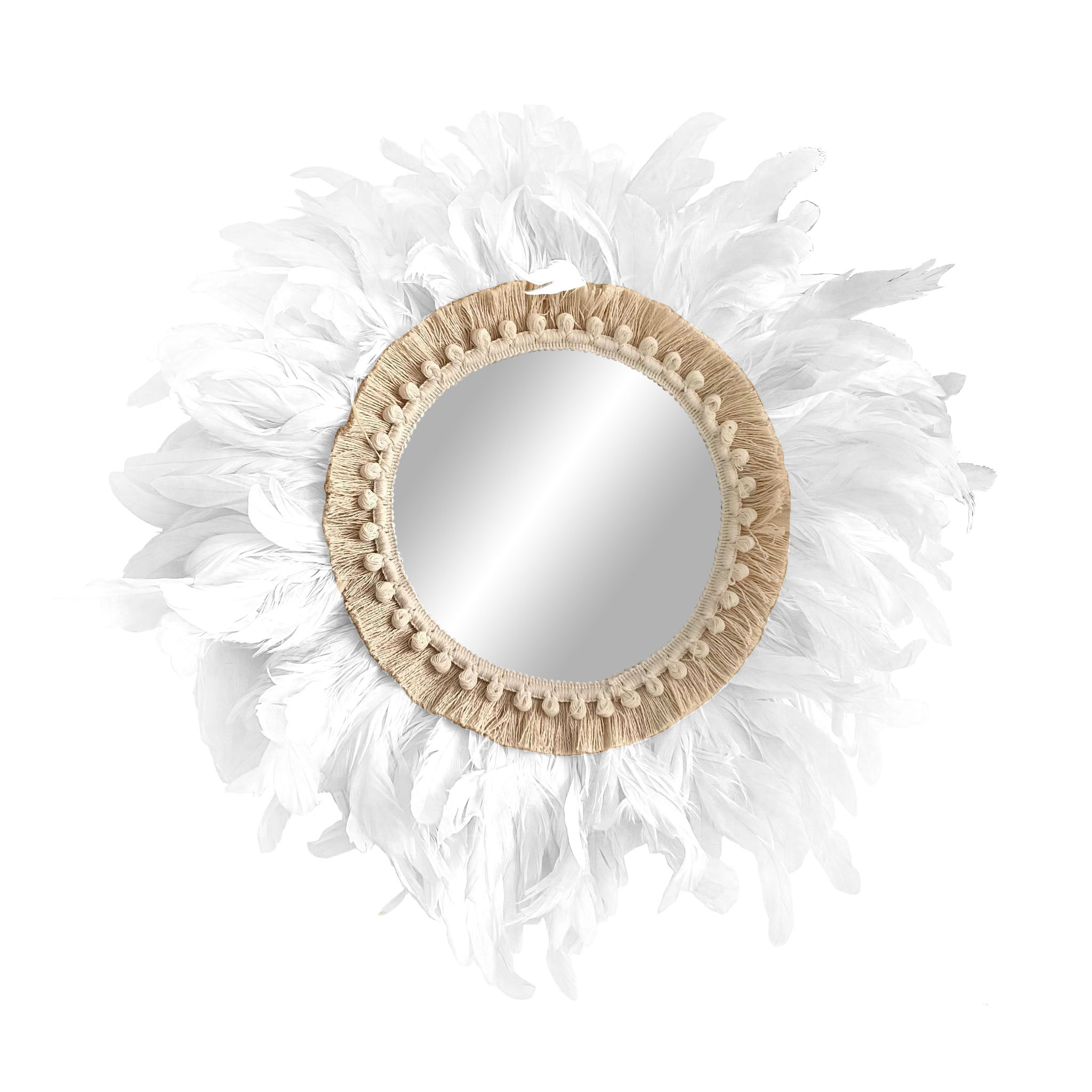 Espejo redondo de plumas naturales de gallo decoración de pared estilo étnico - mirror feathers tail blanco 50cm
