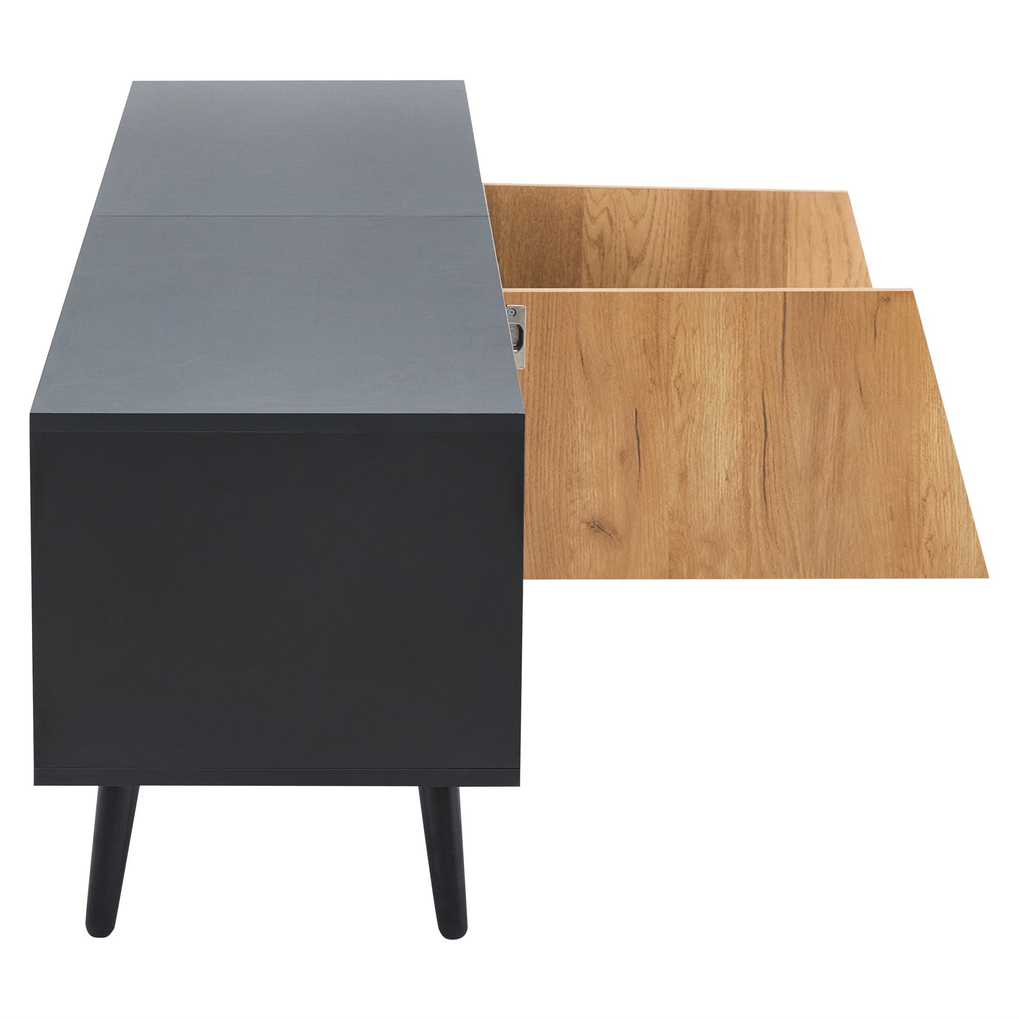 Mobile TV con 2 ante e 1 cassetto - 180 x 40 x 46 cm - Pannello truciolare e gambe in legno massello - Nero e naturale - 9