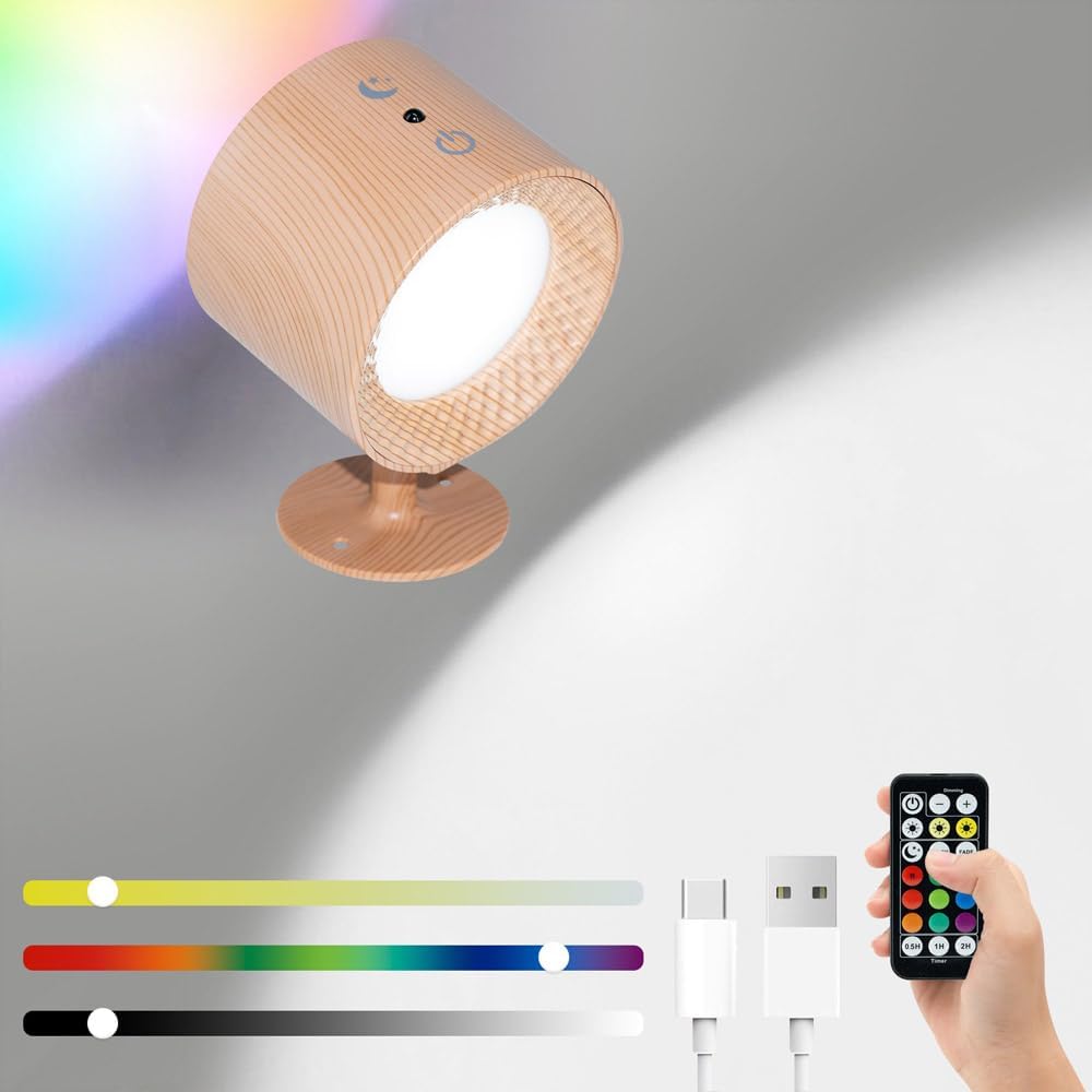 Lampa ścienna ładowana przez USB, obrót o 360°, oświetlenie dwustronne, 3 temperatury barwowe RGB (słoje drewna, 1 sztuka)