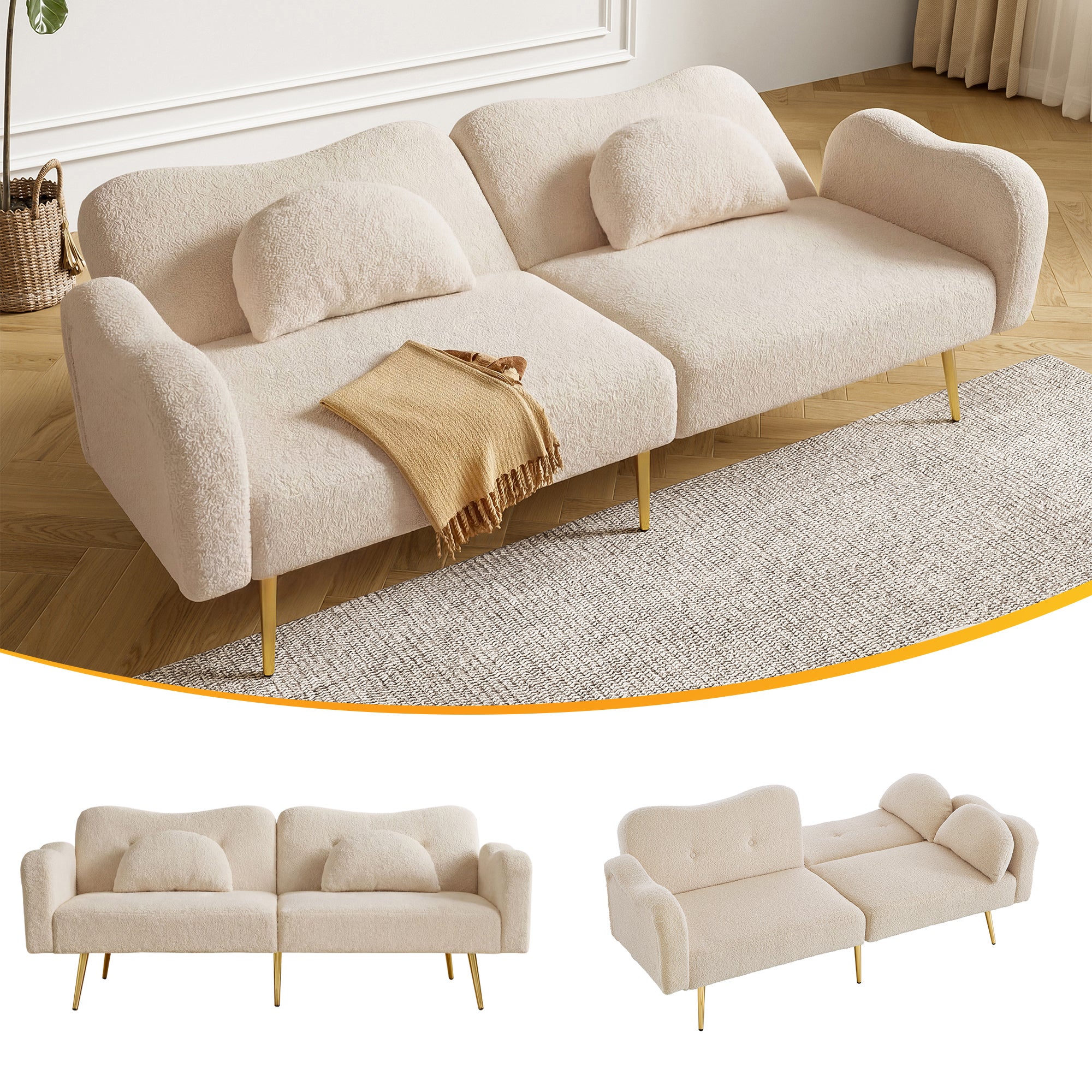 Sofa dwuosobowa z funkcją spania typu klik-klak – 183 x 76 x 75 cm – tkanina z mieszanki wełny jagnięcej i złote metalowe nogi – beżowa