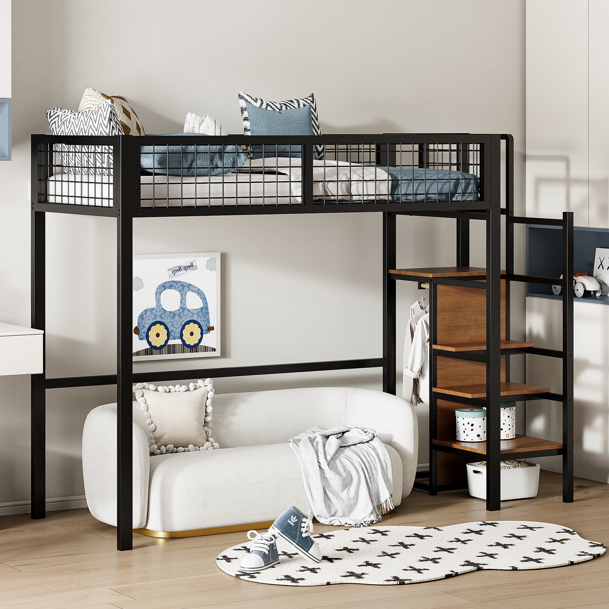 Letto Singolo In Metallo VERFARM - 90x200cm Con Rete A Doghe E Testiera - Nero - Portata 500kg - Foto 4