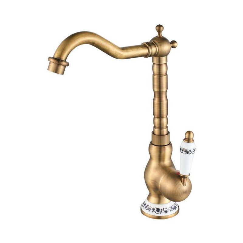 Kran do umywalki w stylu vintage, bateria mieszająca do zlewu kuchennego z ceramiczną rączką, obrotowa o 360° z wysoką wylewką, brąz