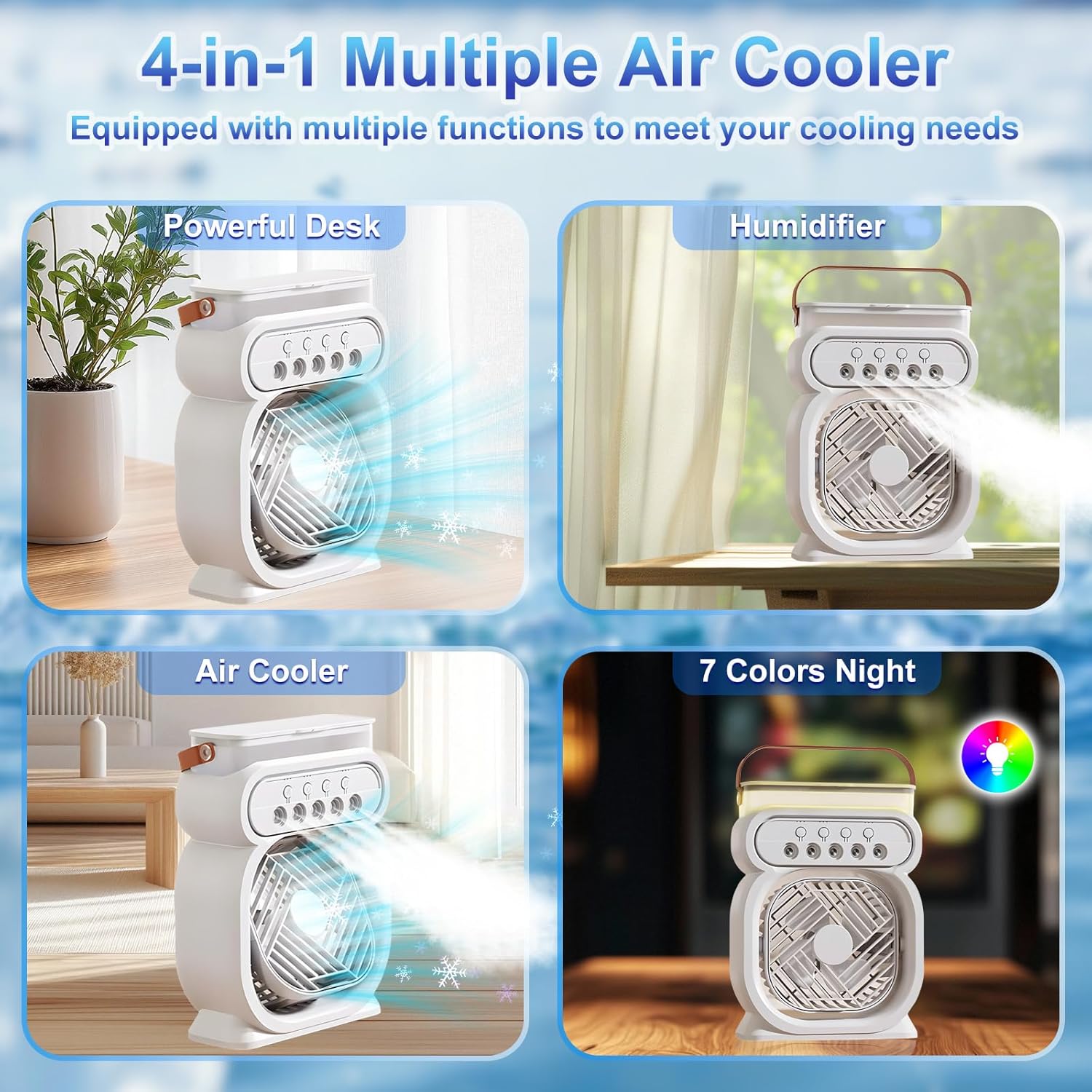 3 Vitesses Climatiseur Mobile, Mini Climatiseur Silencieux, Refroidisseur D'air, Humidificateur, Ventilateur Brumisateur Eau, avec , Lumière de Nuit - 2