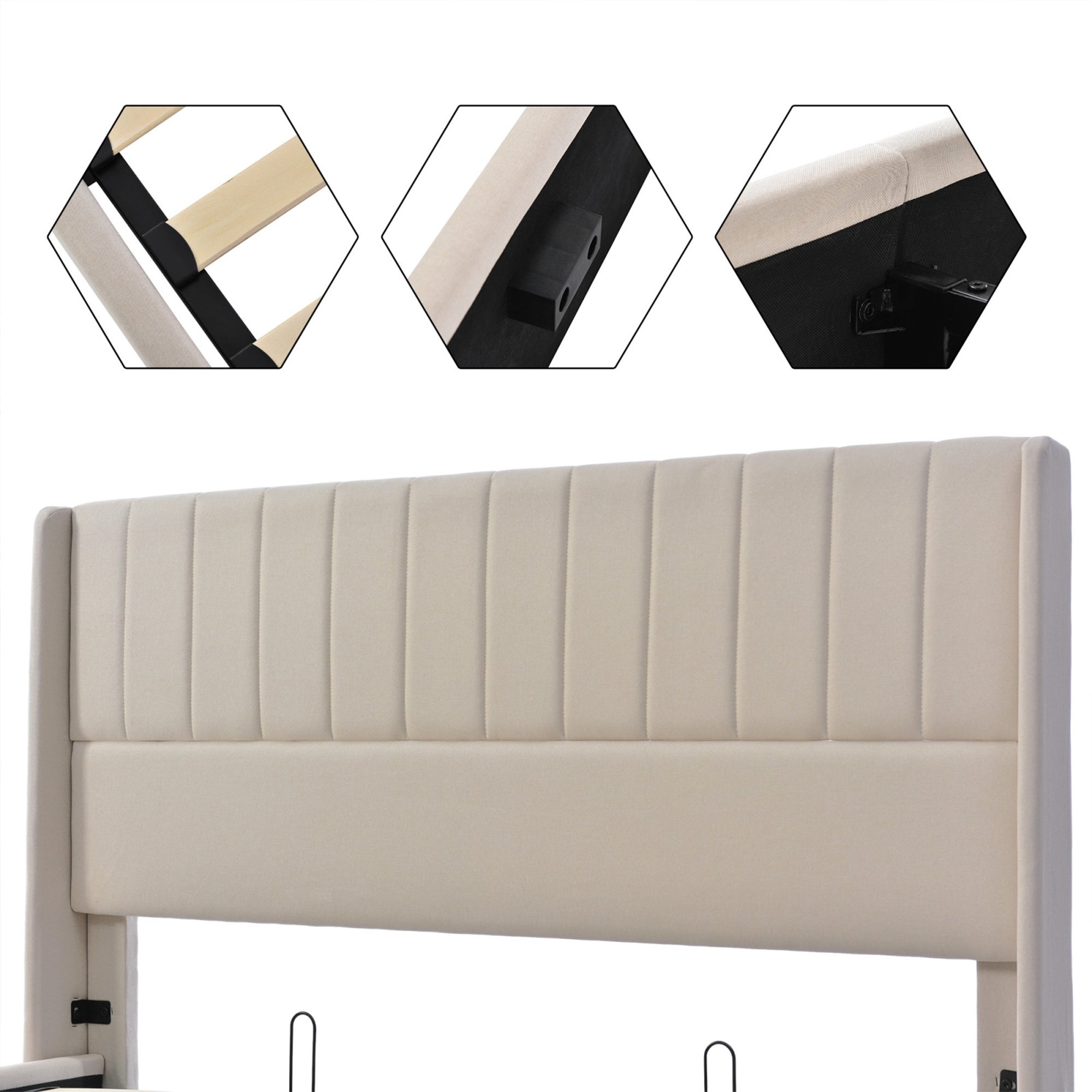 Lit coffre 160x200 cm avec hydraulique, cadre de lit double avec sommier à lattes, lit adulte, tissu en lin, 160x200 cm, beige - 7