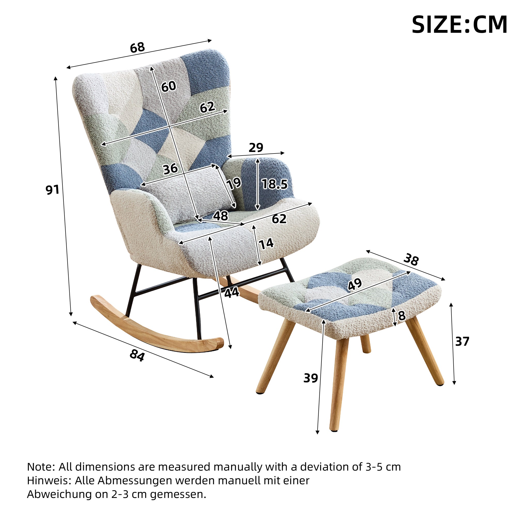 Fotel bujany z podnóżkiem i funkcją odchylania - 122 x 68 x 91 cm - Tkanina włókninowa i gąbka - Wielokolorowy - 7