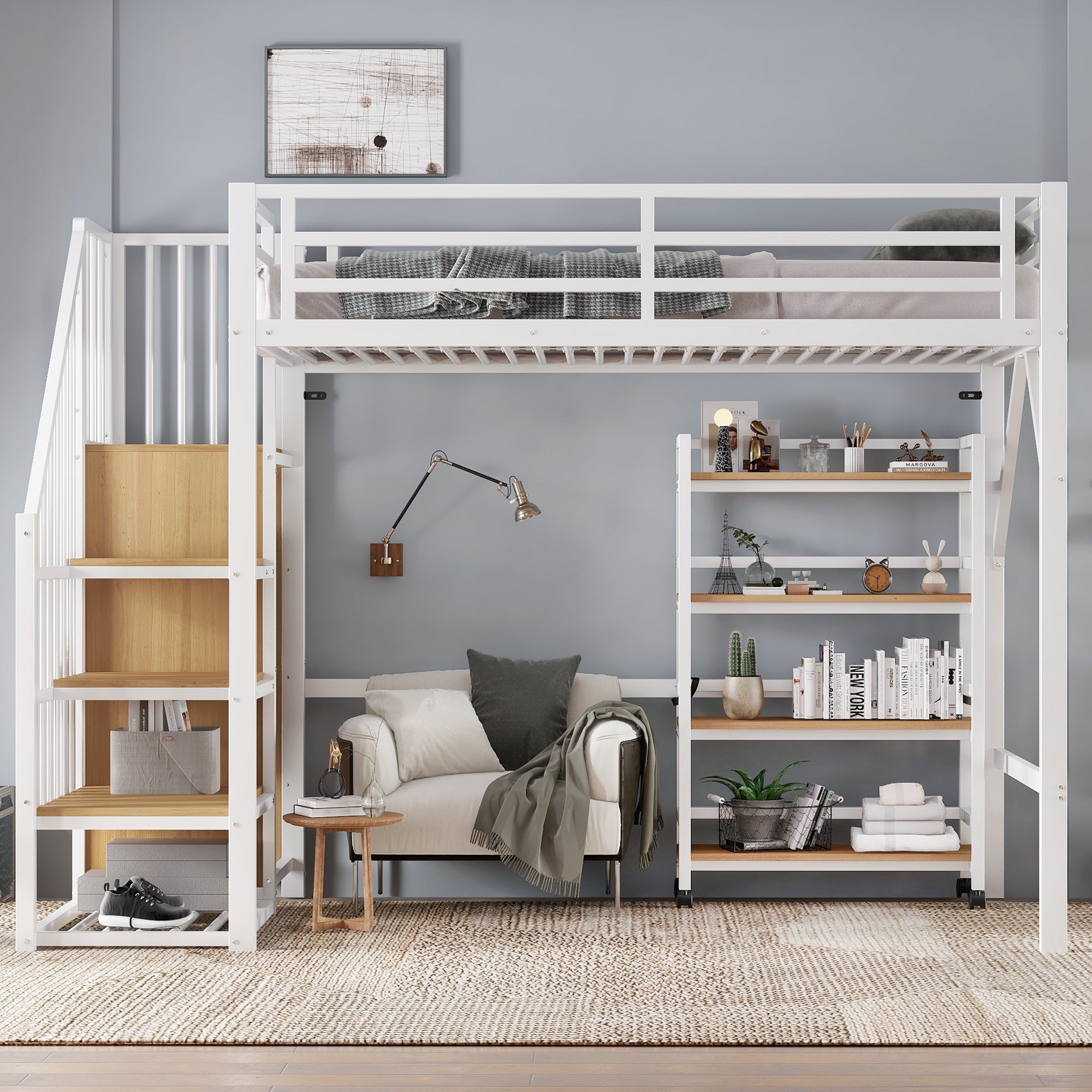 Łóżko piętrowe 90 x 200 cm z 4 półkami i drążkiem na ubrania - Żelazo + Płyta MDF - Stelaż z listew w zestawie - Biały + naturalny (bez materaca)