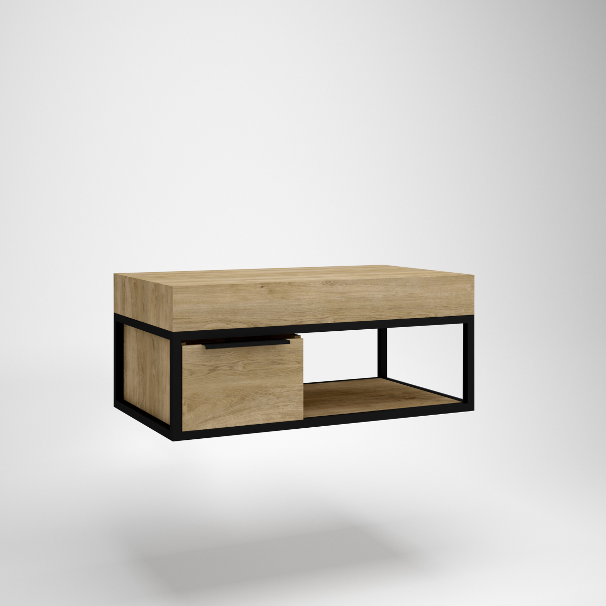 Mobili da bagno montati a muro con piano di lavoro in legno | 60cm | con cassetto a telaio nero e mensola inferiore | Quercia naturale - 2