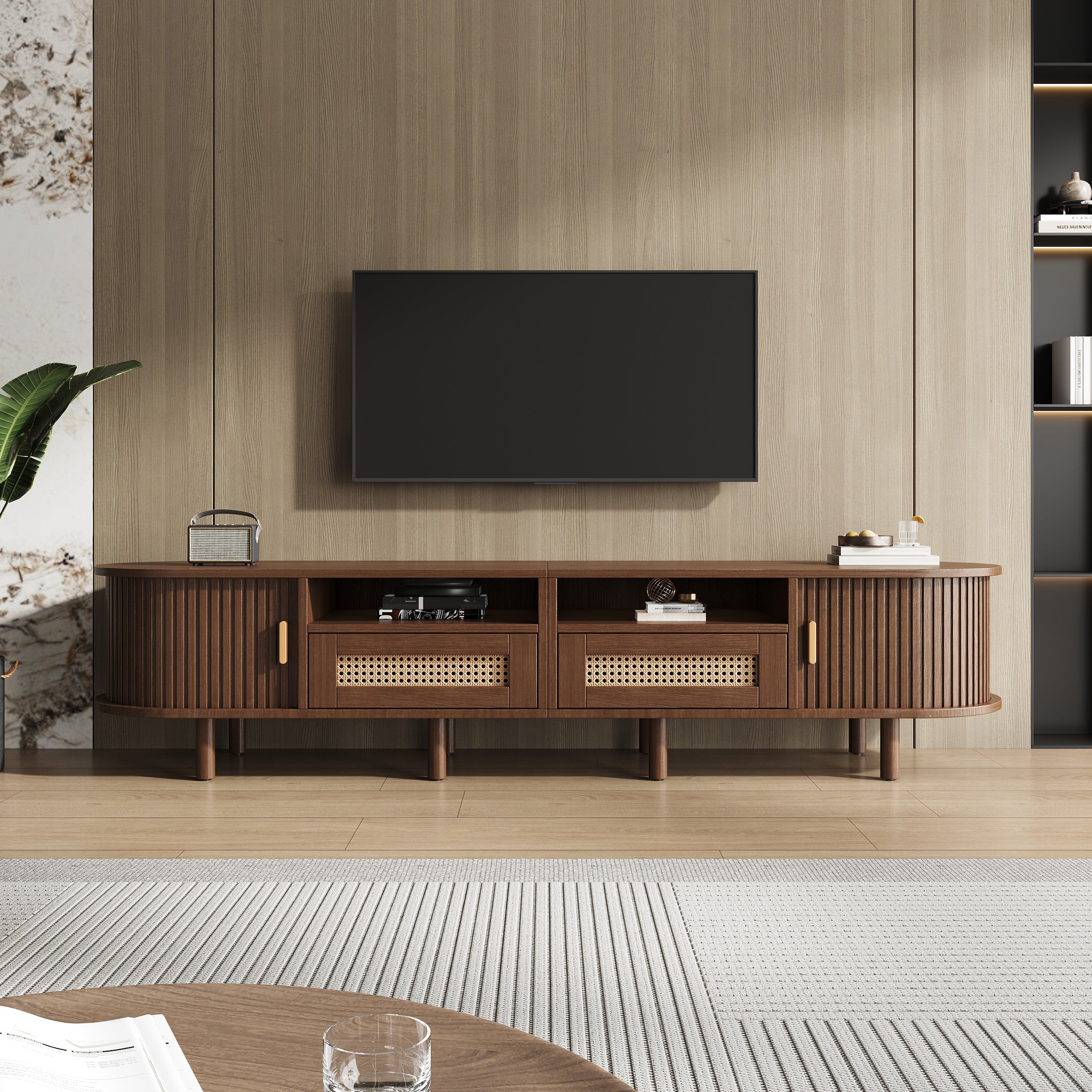 Stolik pod TV 170x40x40cm - z 2 szufladami rattanowymi - 2 drzwiami przesuwnymi - MDF - brązowy - 4