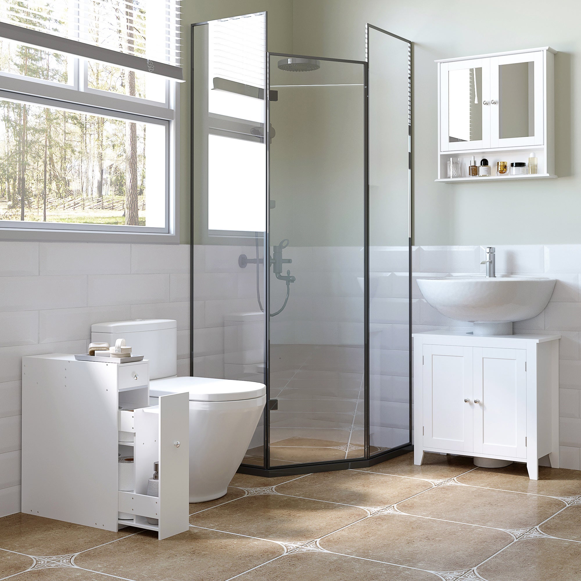 Armoire de salle de bain murale avec miroir, porte, organiseur et étagères de rangement,meuble de salle de bain, blanc - 3