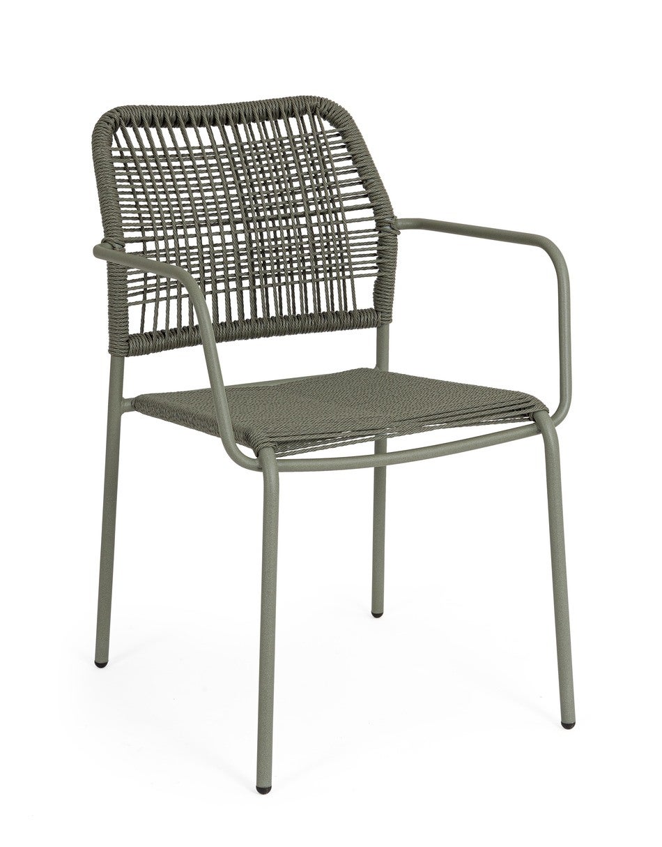Krzesło zielone „JABLE” z podłokietnikami, ze stali impregnowanej do użytku na zewnątrz, splot z włókien syntetycznych