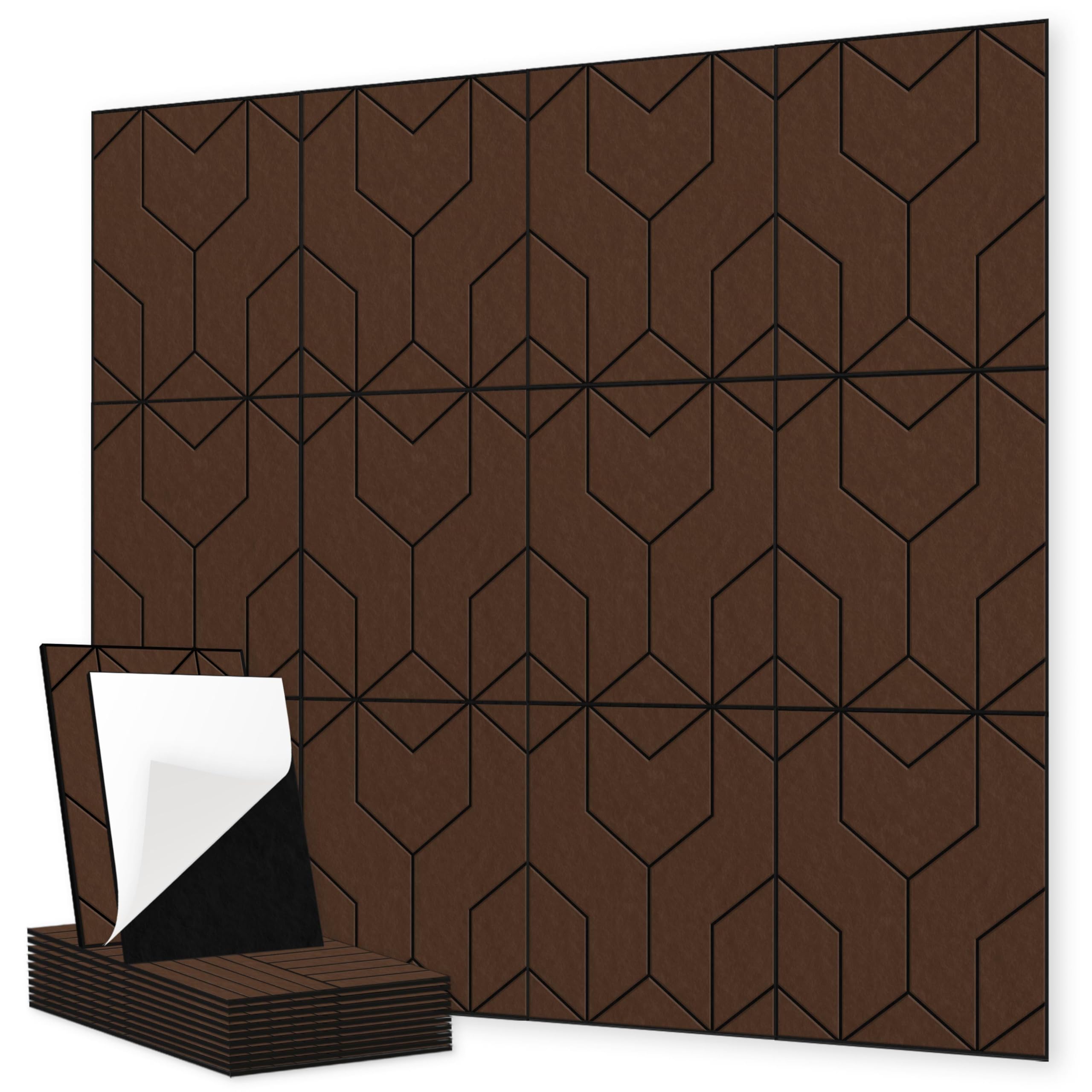 12 samoprzylepnych, dekoracyjnych paneli dźwiękochłonnych z filcu poliestrowego, 30 x 30 cm, kolor ciemnobrązowy