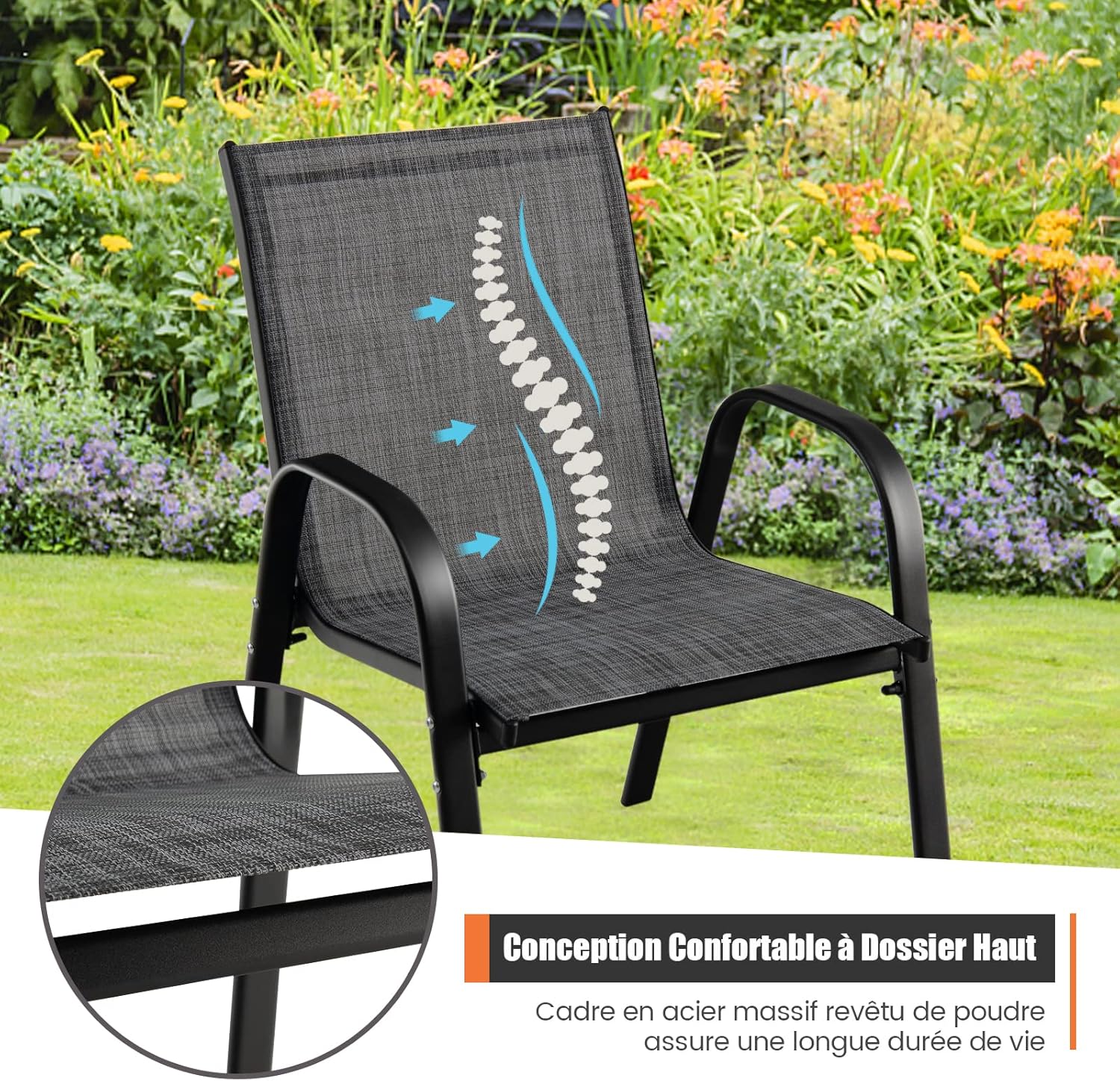Lot de 4 Chaises de Jardin Extérieur Métal et Textilène, Fauteuil de Jardin Empilable avec Accoudoirs et Dossier, 56x70x84cm, Charge 150kg, Gris - 5