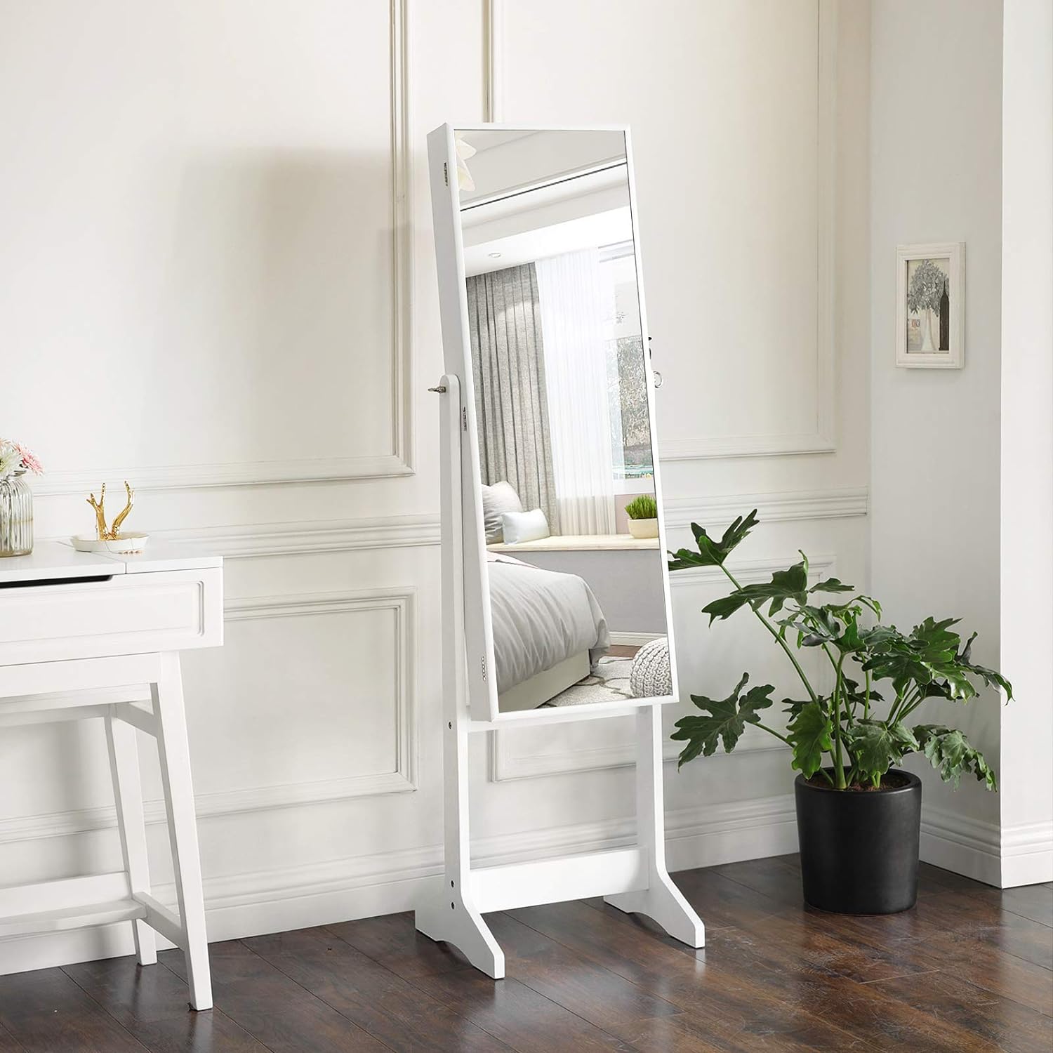 Lvifur Armoire à Bijoux Sur Pieds – Miroir Plein Longueur Sans Cadre – 3 Angles Réglables – Blanc Nordique