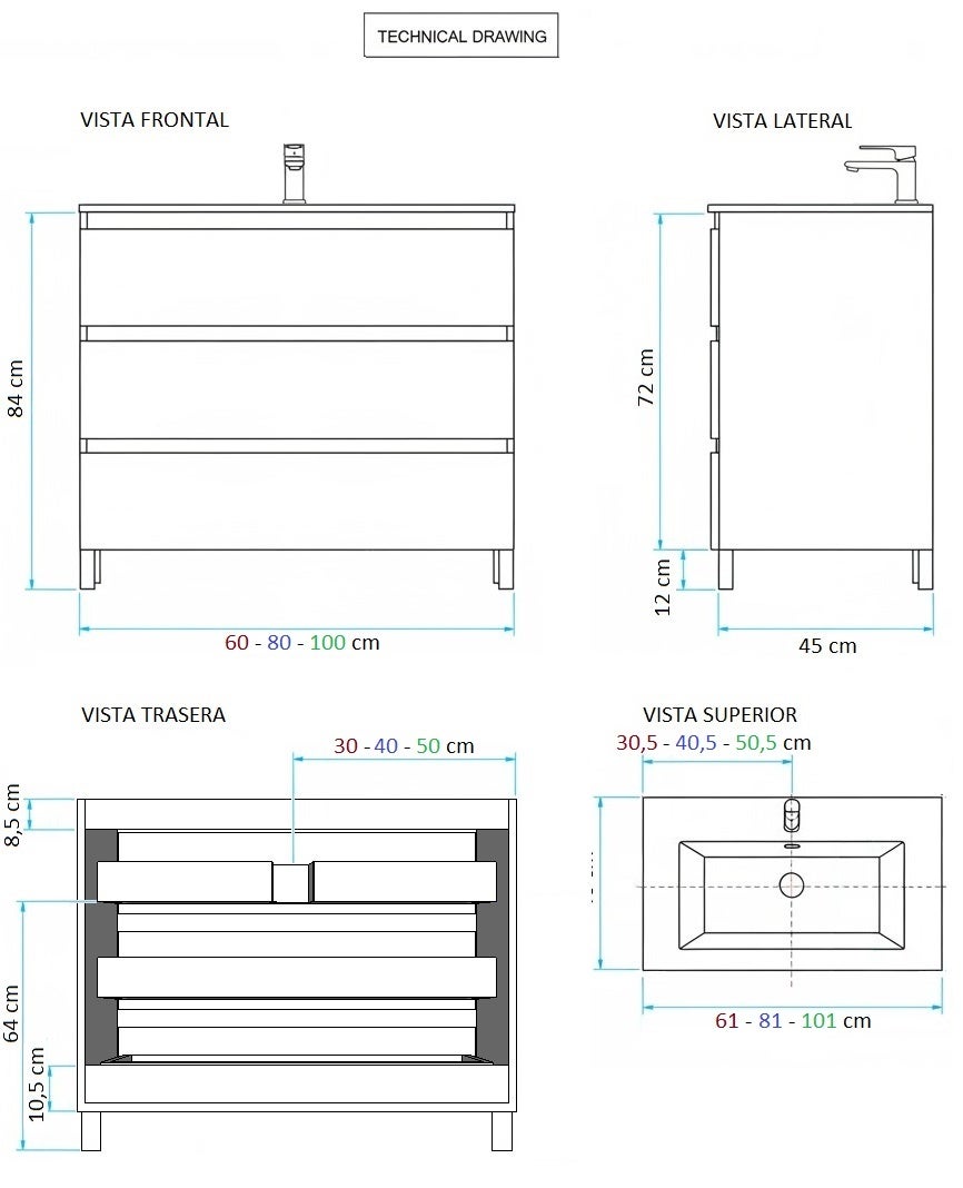 Conjunto Aprilia de mueble y encimera en medida 80 cm, acabado roble guadarrama con tirador uñero - 7