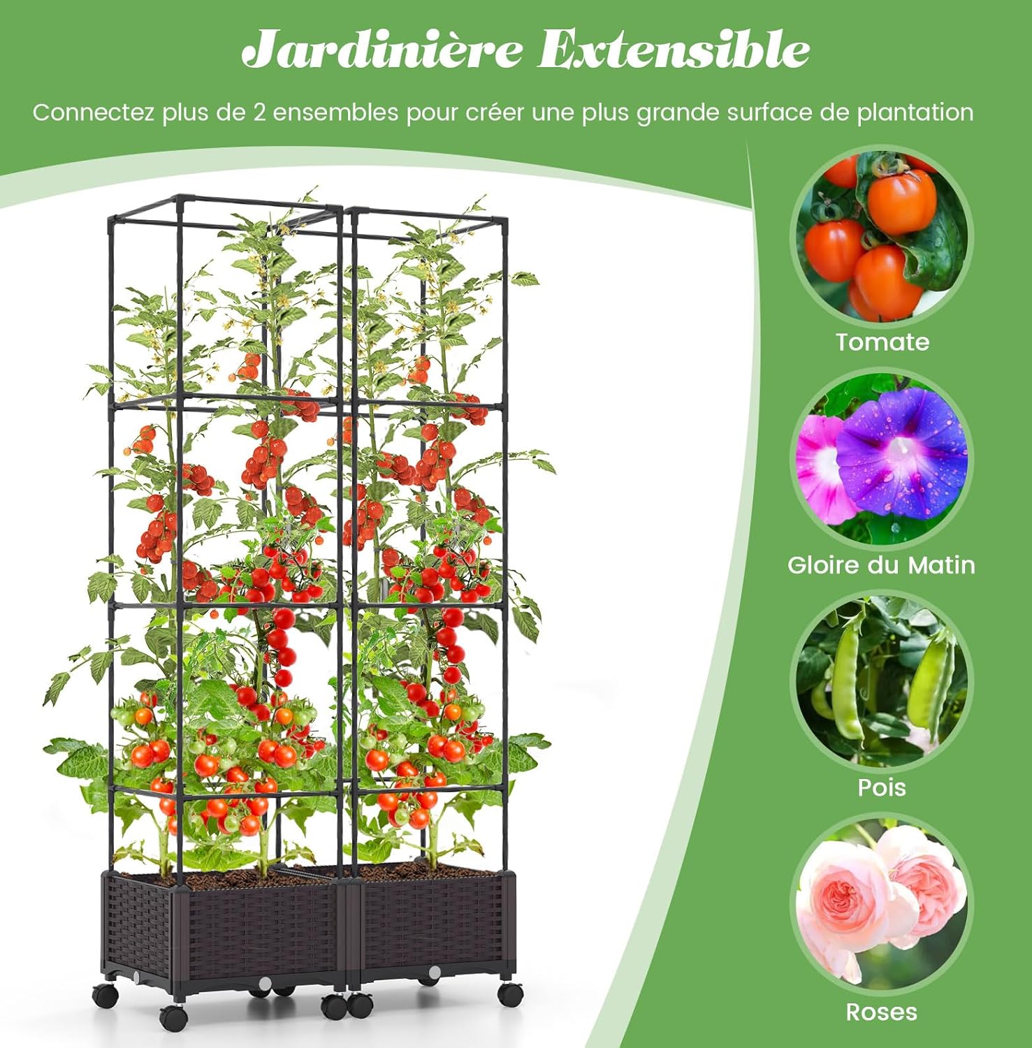 Jardinière avec Treillis Jardin pour Plantes Grimpantes, Obélique avec Carré Potager Pot,Cage à Tomates à roulettes 170/130/90/50CM 40 x 40 x 32CM - 5