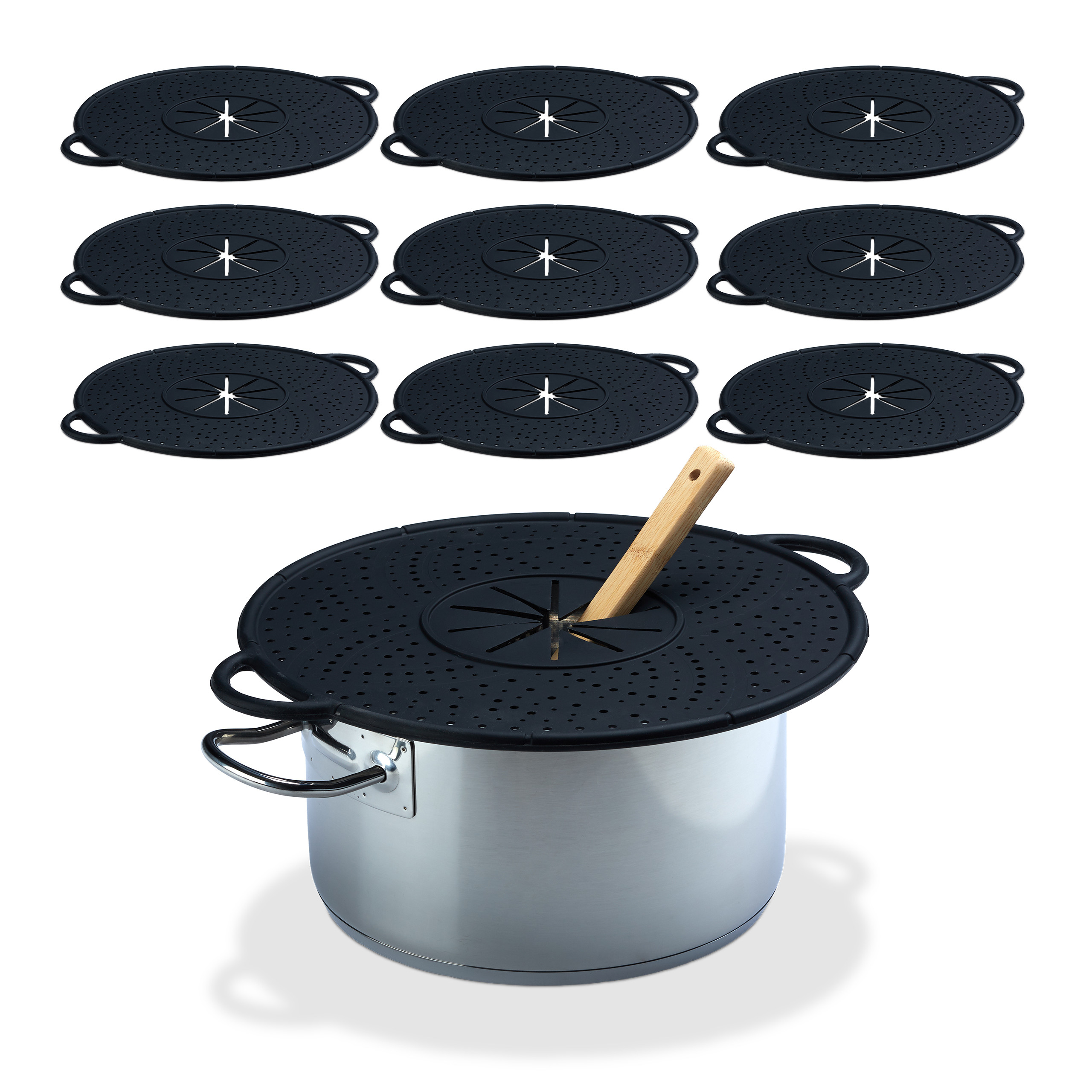 10 tapas antisalpicaduras, vaporera silicona, salvamanteles para ollas, resistente al calor, 30 cm, negro