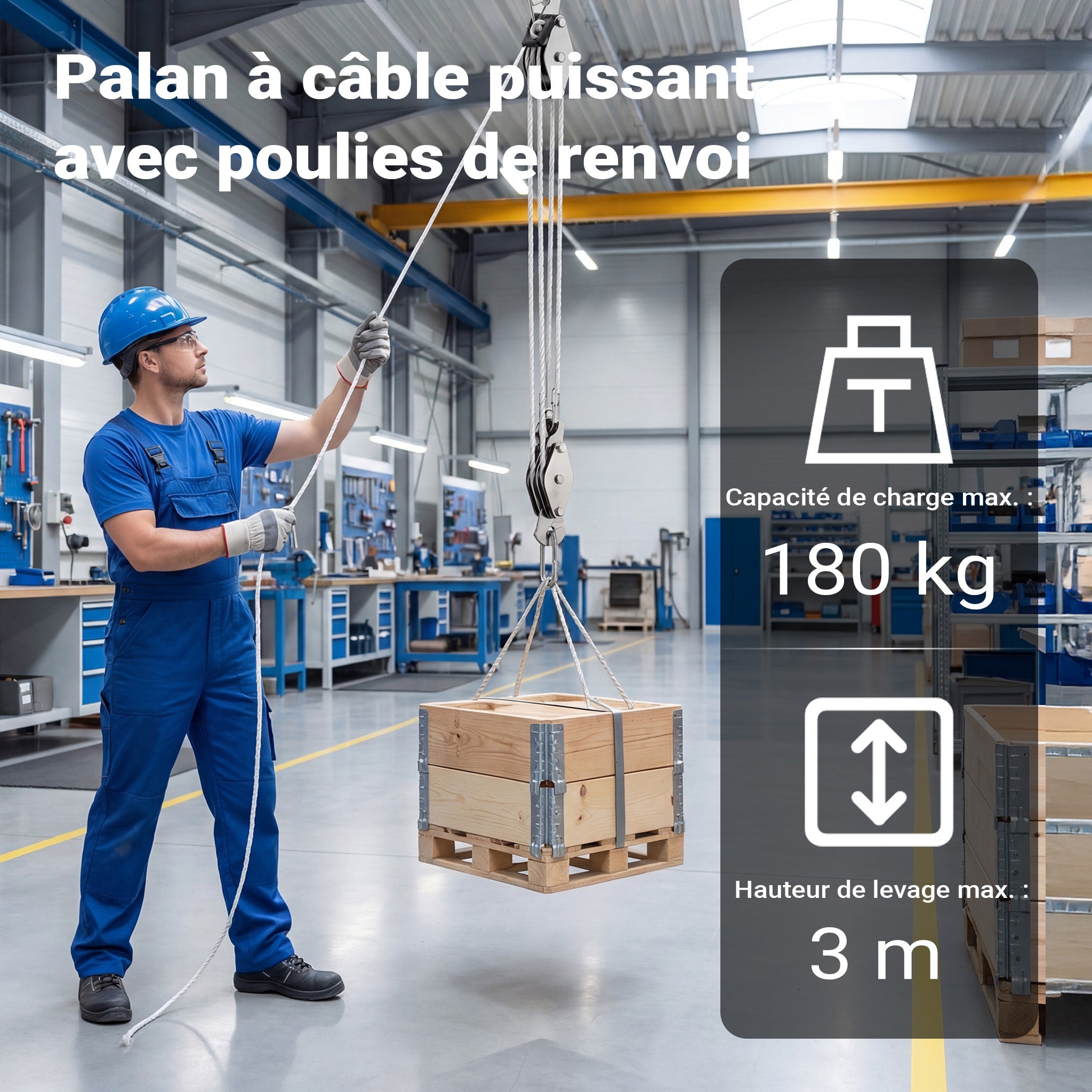 Palan manuel - Charge max. 180 kg - avec Câble Bowden universel de 20 m - Hauteur de levage max. 3 m - Treuil avec Poulie de XPOtool - 5