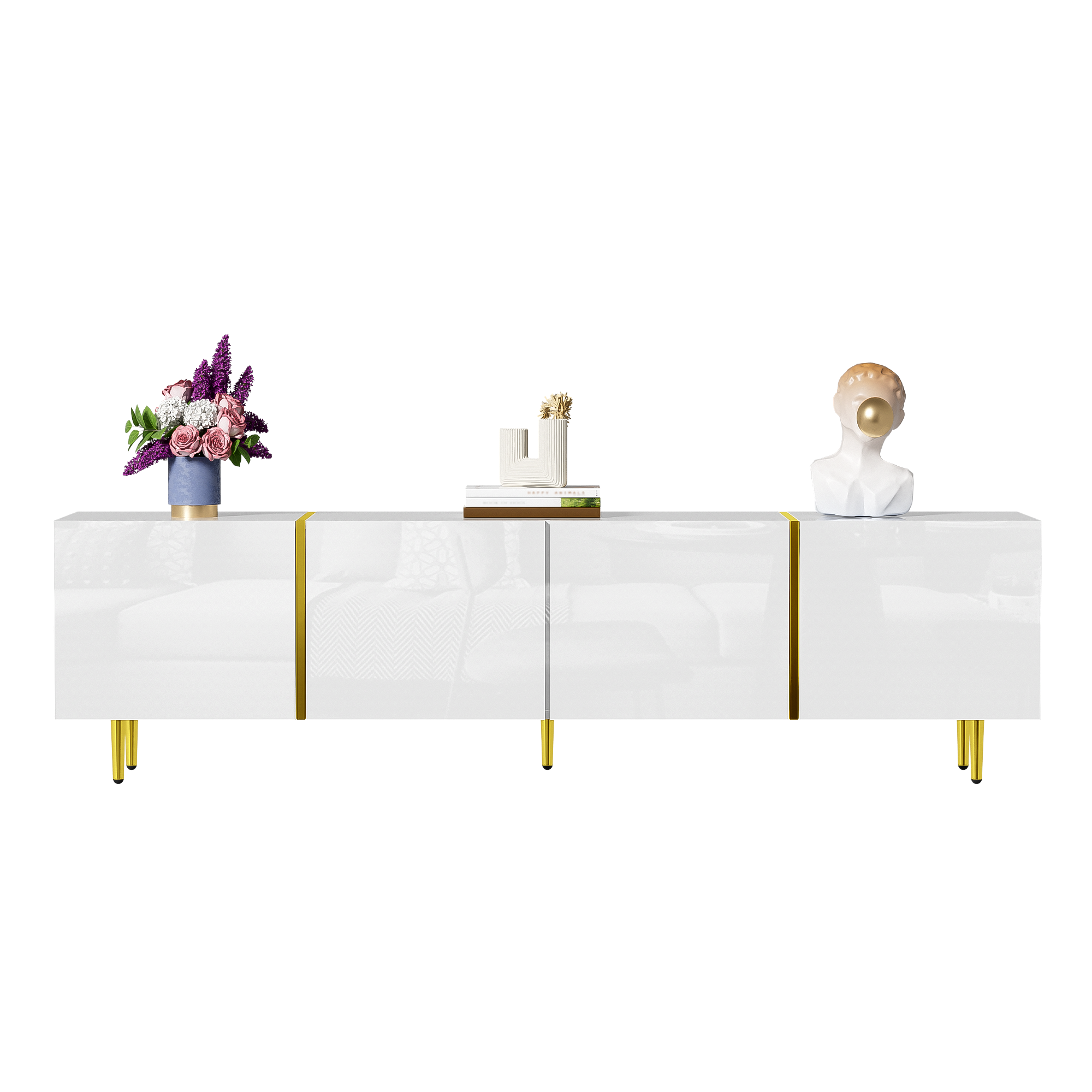 Szafka TV z 4 drzwiami - biała, połyskowa, 170x35x46 cm, MDF, z zamknięciem miękkim