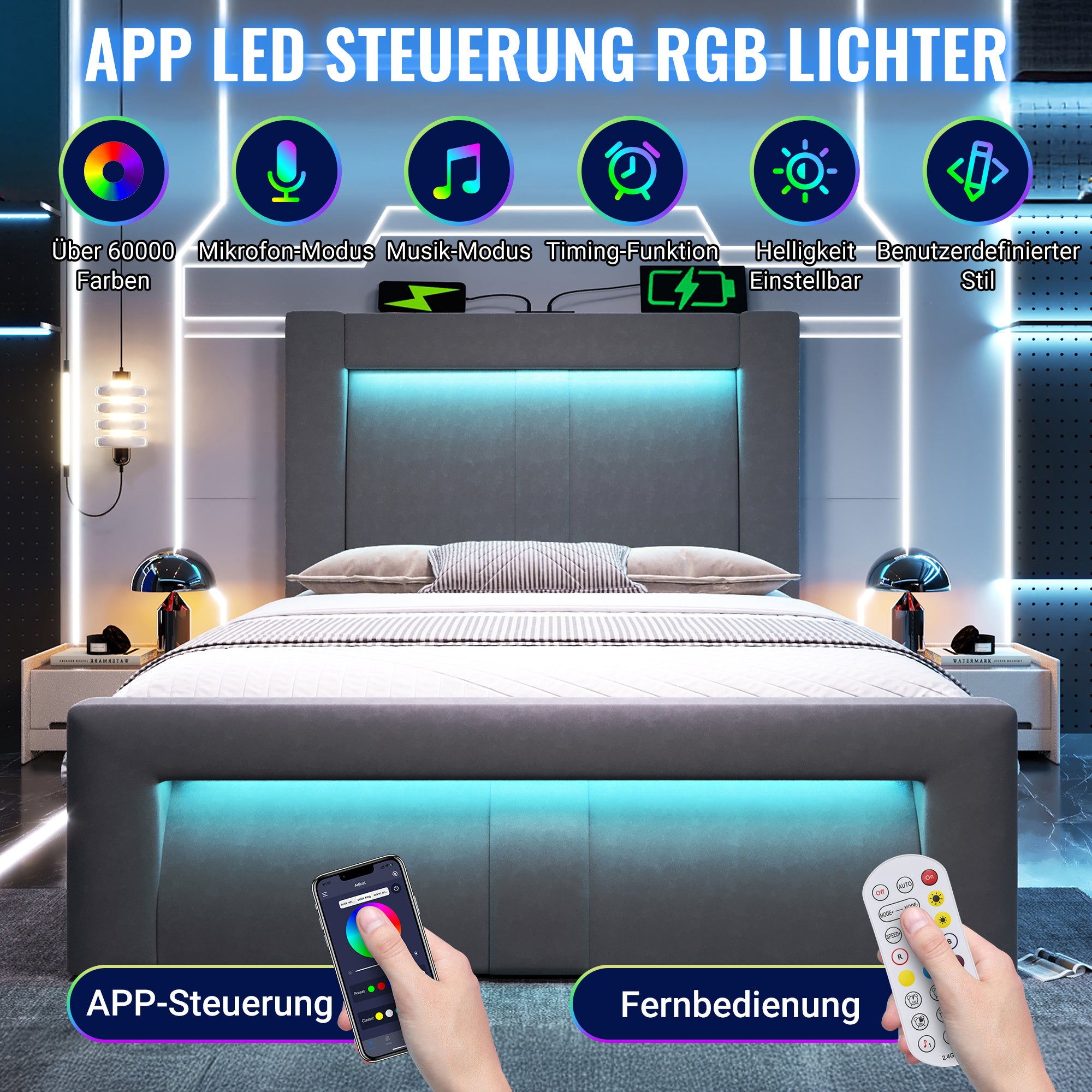 Łóżko z pojemnikiem 90 x 200 cm i zagłówkiem - Aksamit - Porty USB i Type-C + diody LED - dla dzieci - Szare (Z materacem) - 4