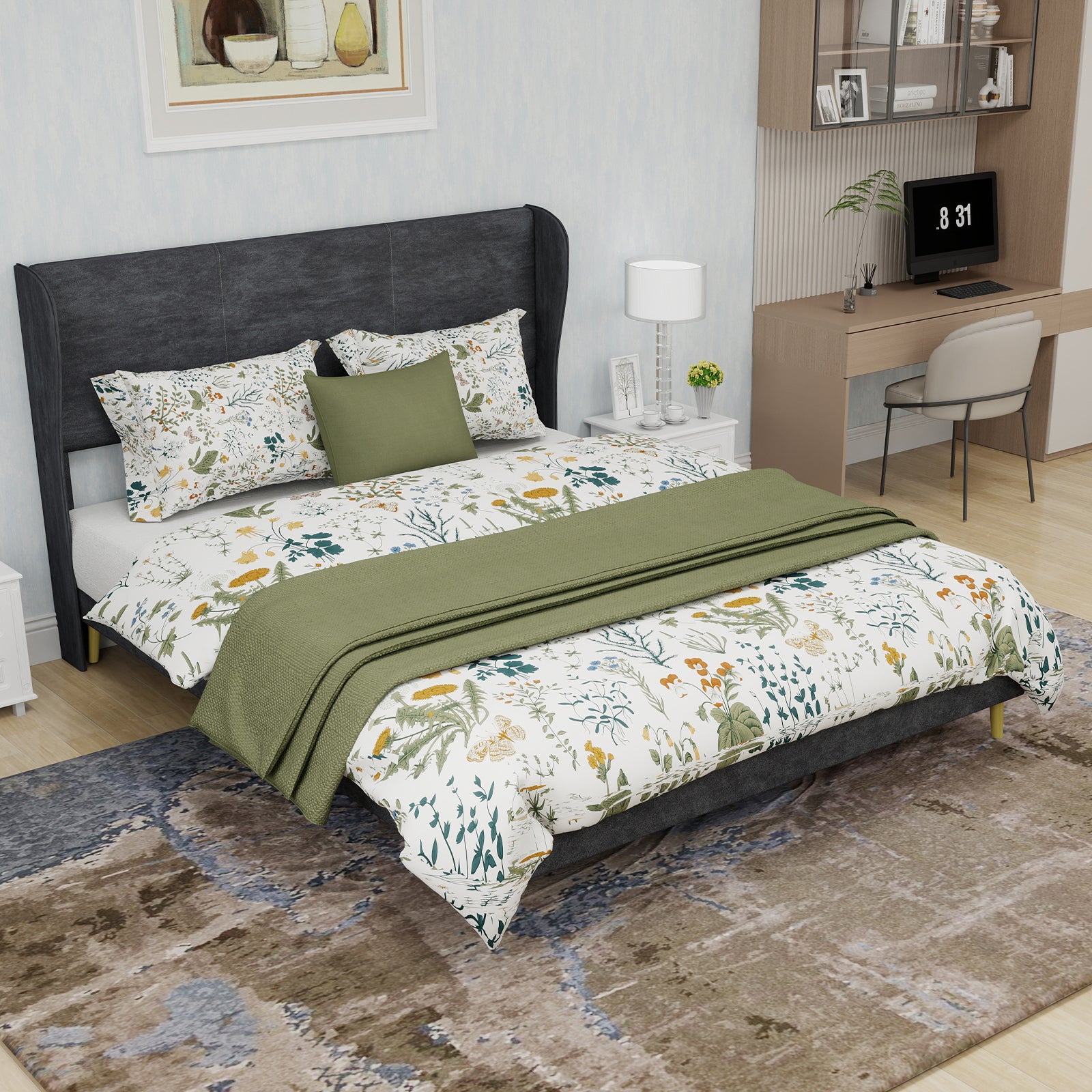 Letto matrimoniale 140x200 cm, testiera, piedi dorati, truciolato grigio, senza materasso - 7