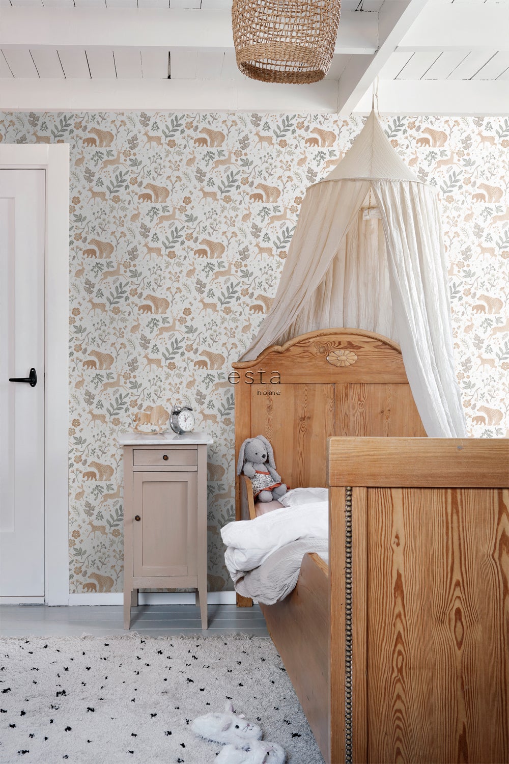 Papier peint forêt avec des animaux de la forêt vert grisé, beige et blanc - 53 cm x 10.05 m - ESTAhome - 6