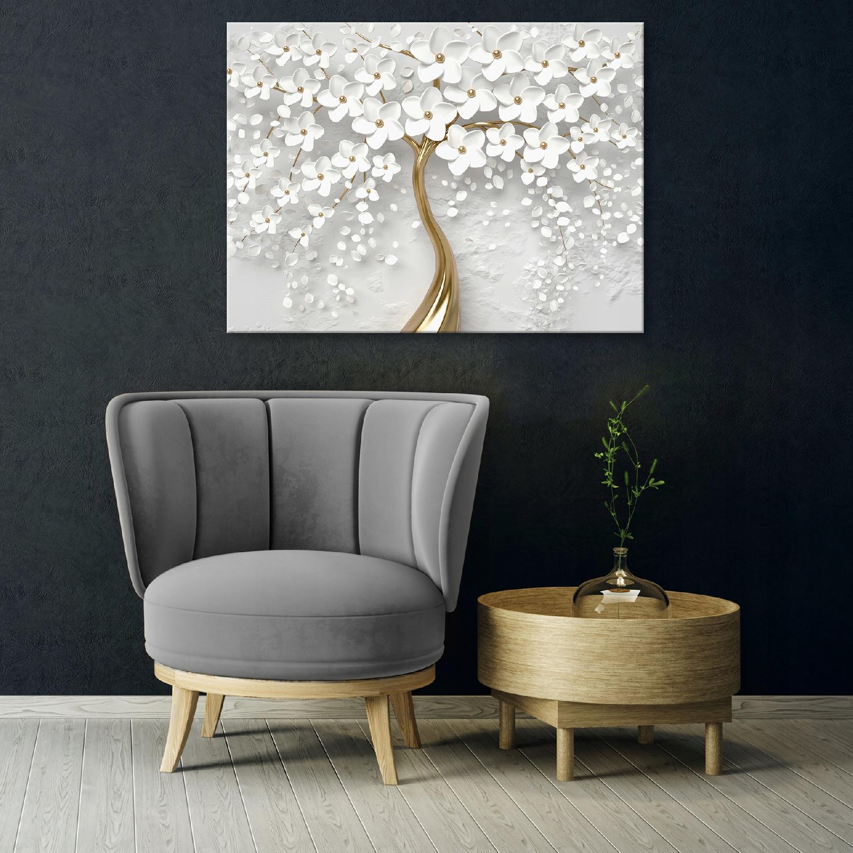 Impression sur Toile Effet 3D Fleurs Arbre Magnolia Moderne 120x80 cm XXL Tableau Décoration Murale Intissée pour Salon Chambre pret a accroche - 2
