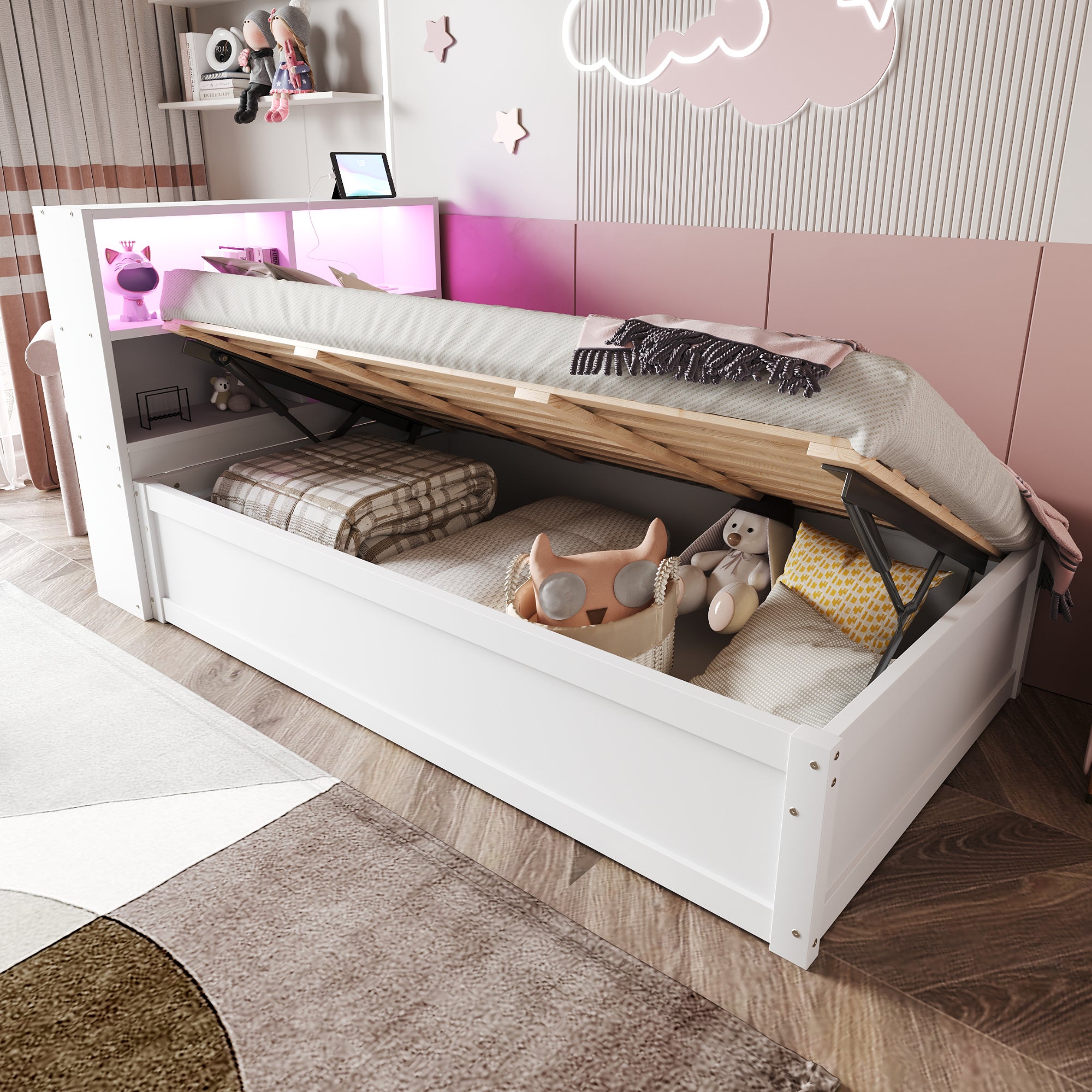 Łóżko z pojemnikiem 90 x 200 cm z zagłówkiem i 2 przegrodami - Sosna + sklejka + MDF - Diody LED - Białe (Bez materaca)
