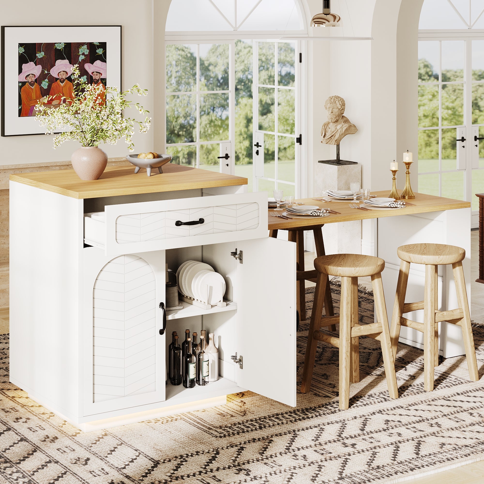 Îlot de cuisine avec lumière LED,Bar de cuisine moderne avec 2 tiroirs et 4 portes,Îlot de cuisine fixe avec table à manger gigogne,Blanc - 6