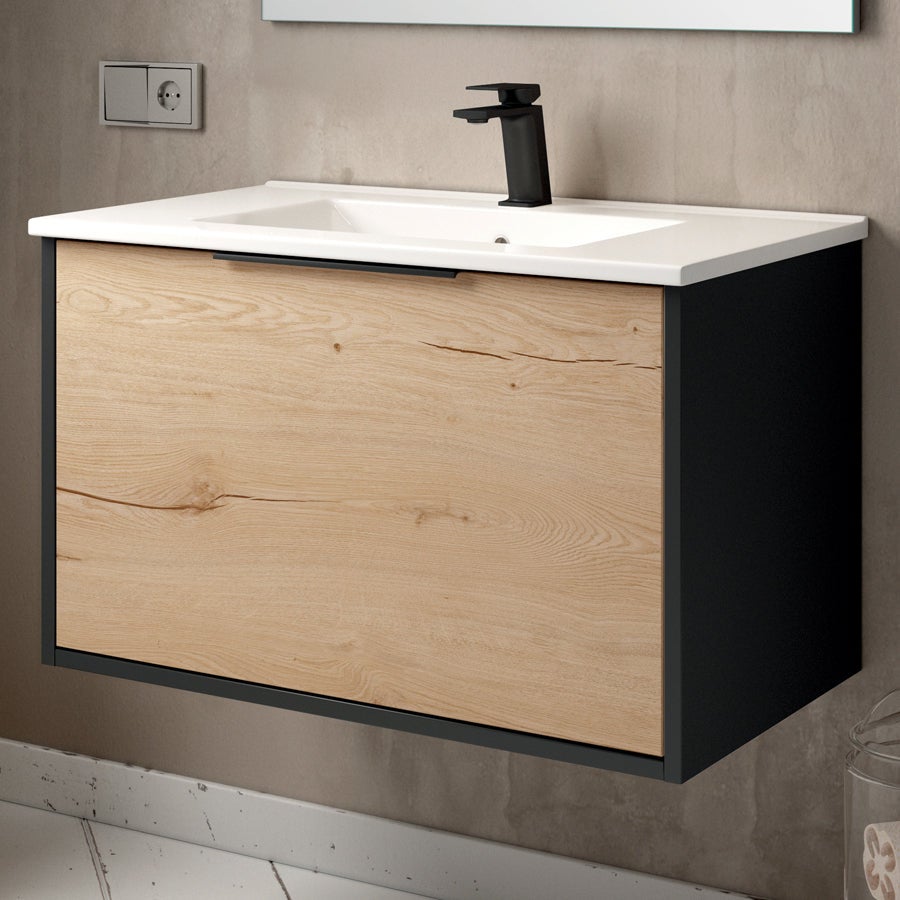Meuble de salle de bain 80cm simple vasque - 1 façade et 2 tiroirs - ALBA - noir/roble - 2