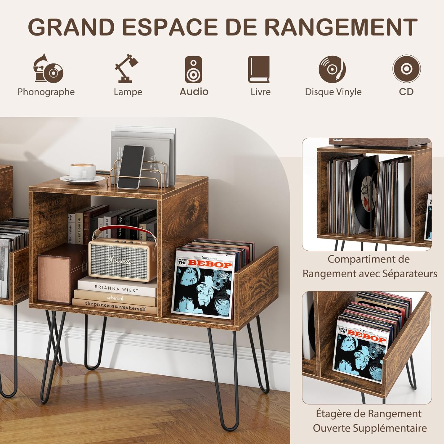 Meuble Rangement Vinyle avec Station de Charge - 2 Prises & 2USB - 66 x 45 x 67CM - Support Tourne-disque avec Séparateur Amovible - Brun Rustique - 3