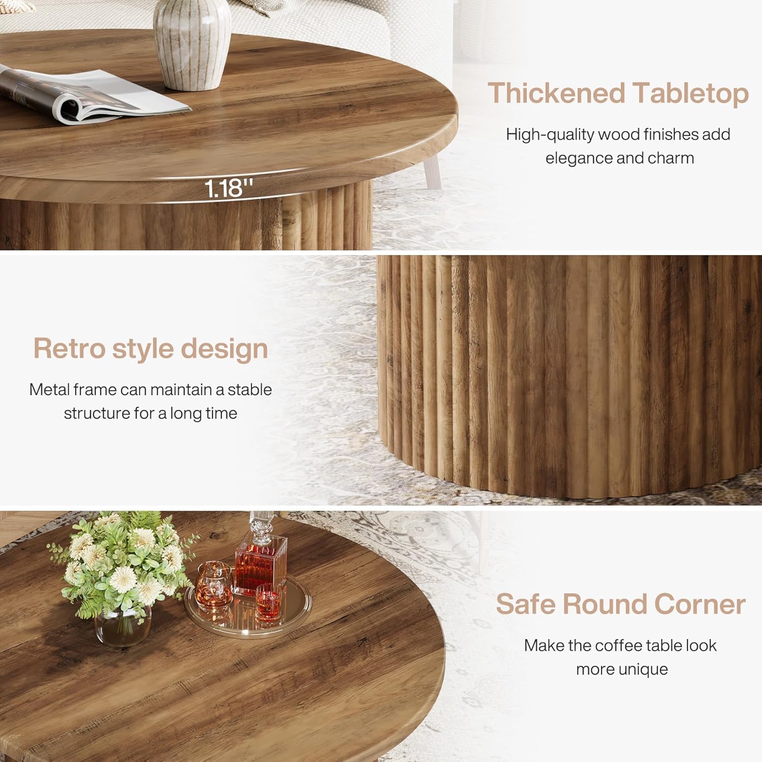 Tribesigns 80 cm Okrągły stolik kawowy,z akcentami drewnianymi, sofa, stolik pomocniczy do salonu, domowe biuro, słoje drewna - 8
