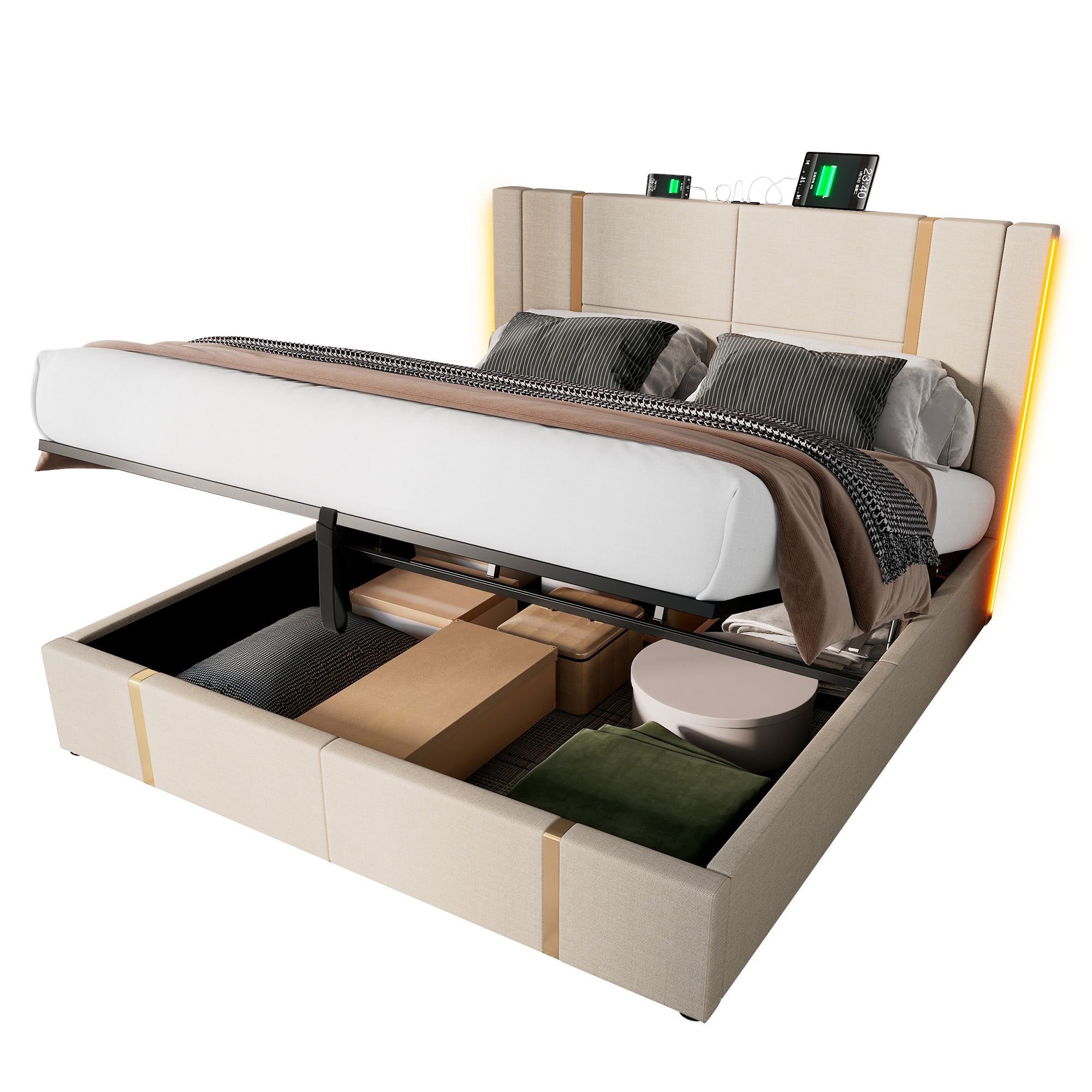 Cama Matrimonio 180x200 Cm Tapizada Terciopelo Beige Con USB, LED Y Almacenaje Hidráulico - Estructura Doble Con Láminas