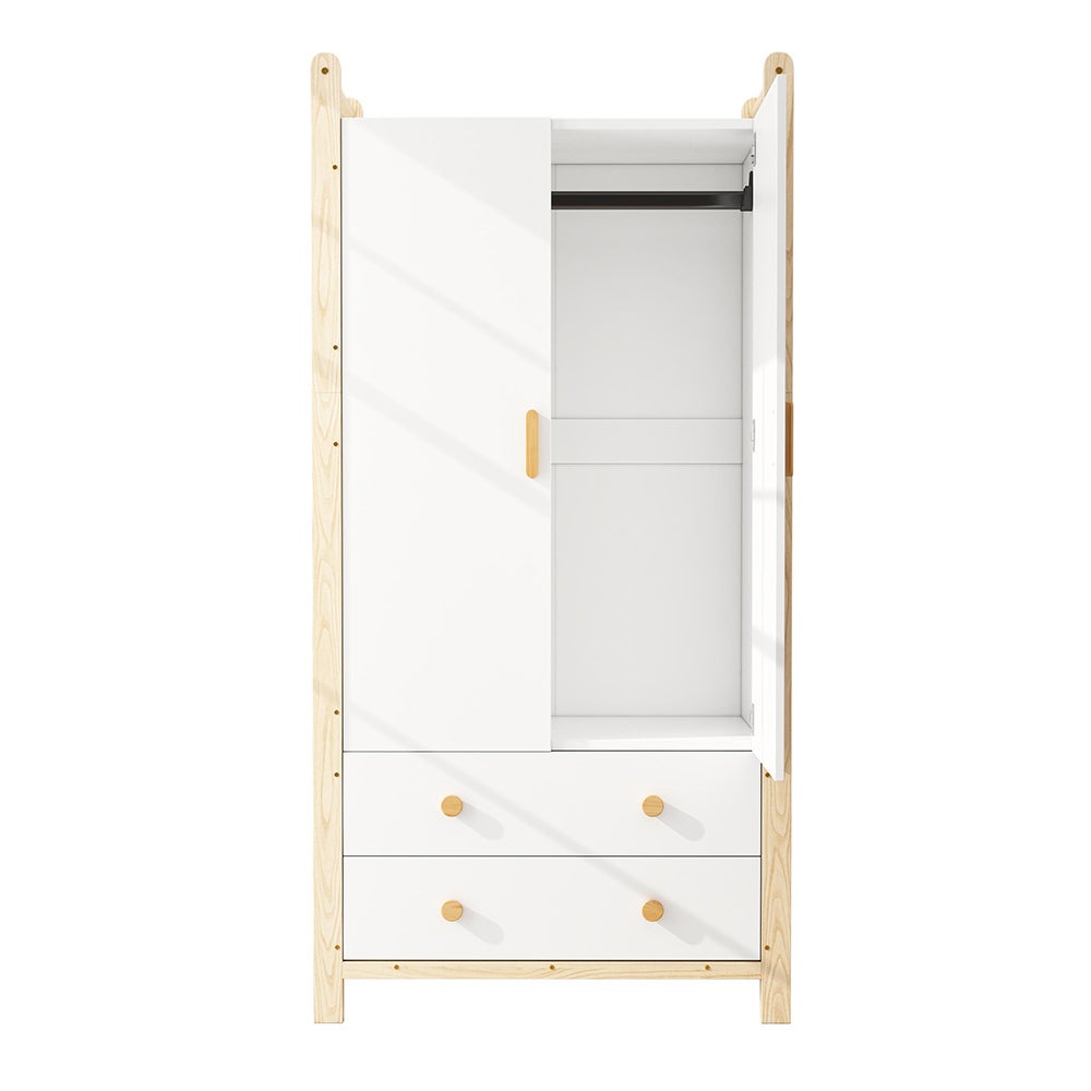 Armoire 2 portes 90x45x180cm, tringle, 2 tiroirs, aggloméré, blanc+pin. - 5