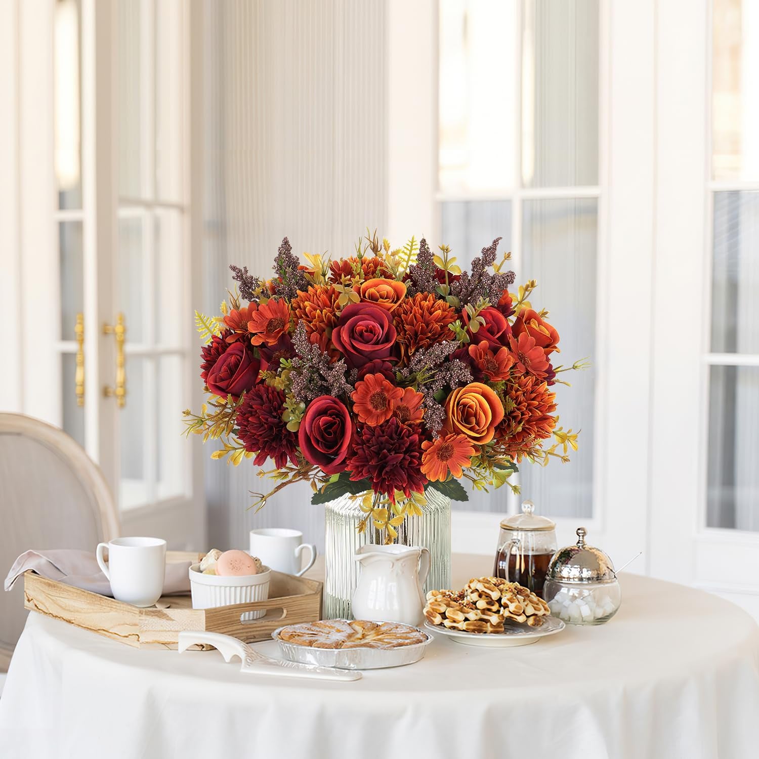 Conjunto de 4 ramos de rosas artificiales, 33 cm, margaritas, flores artificiales, ramos de rosas de seda, para decoración de cocina, boda, naranja - 5