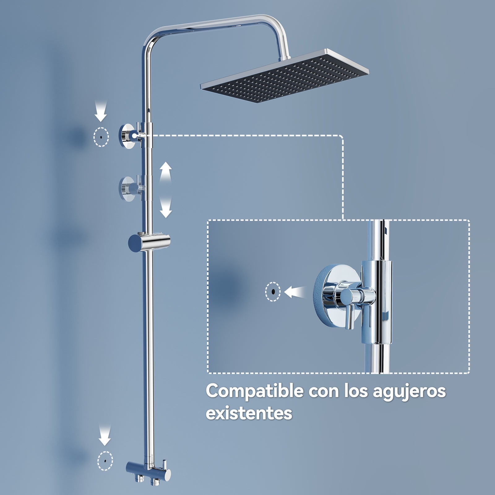 Auralum max Colonne Douche Sans Robinet en Inox Chromée- Ensemble Mural Réglable Avec Pommeau Effet Pluie Carré(25.5*25.5 CM),Douchette/Étagère - 7